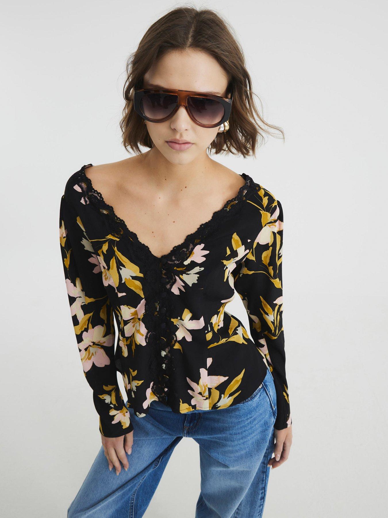 Image 4 of 4 of River Island Printed Floral Lace Trim Top - Black