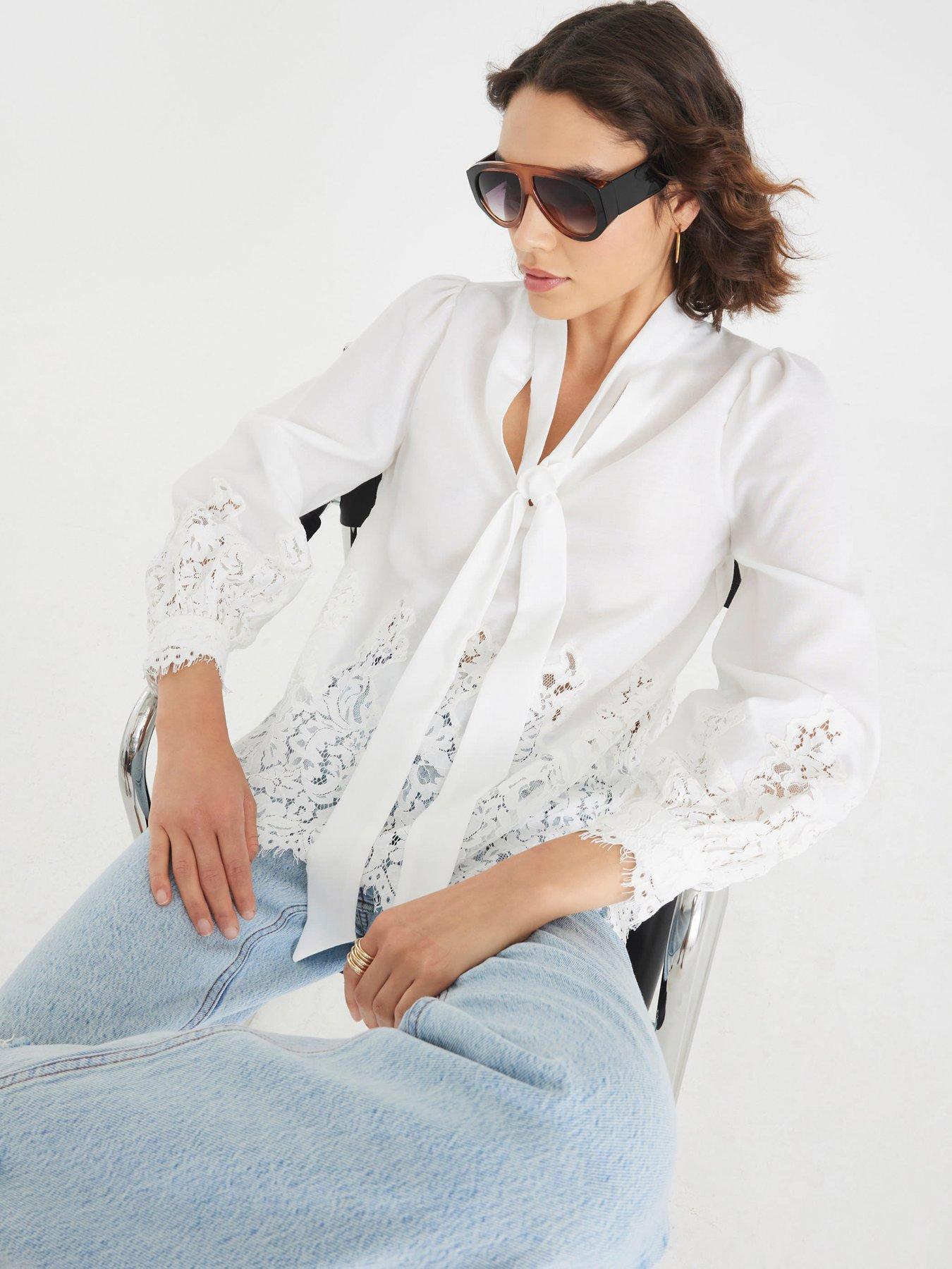 undefined Lace Voile Pussybow Blouse - White