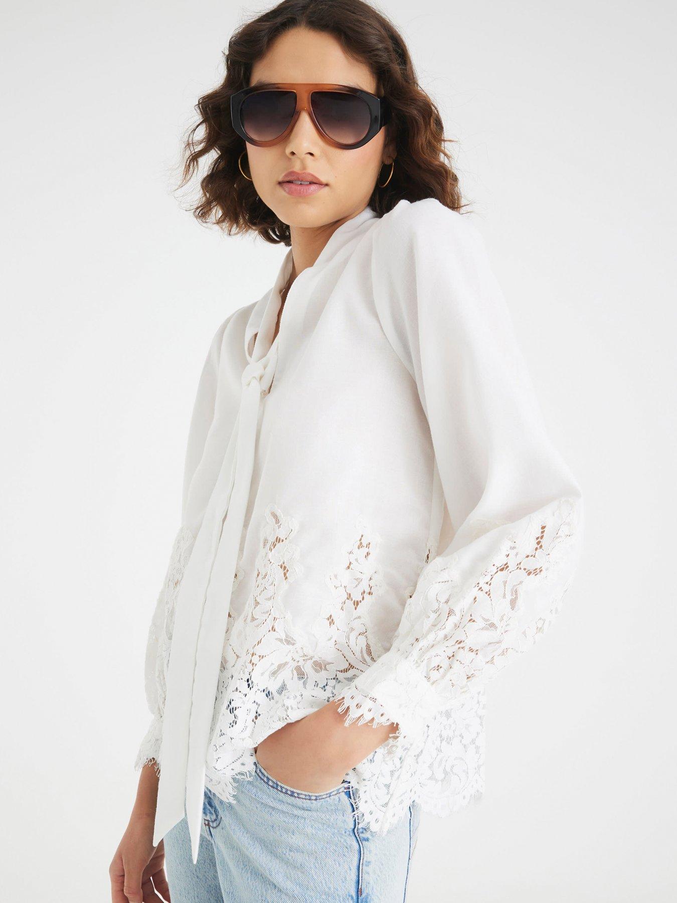 Image 4 of 6 of River Island Lace Voile Pussybow Blouse - White