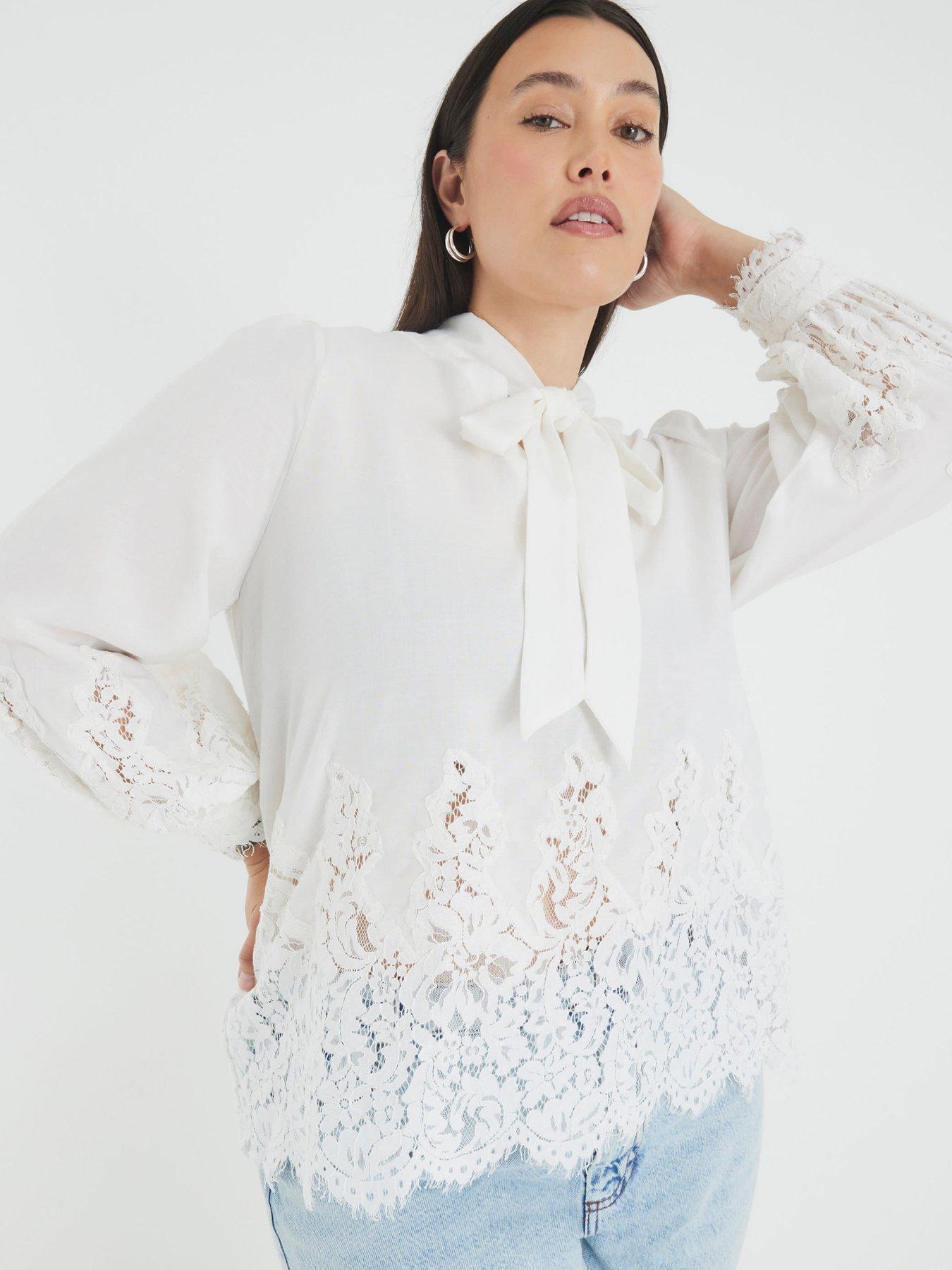 Image 5 of 6 of River Island Lace Voile Pussybow Blouse - White