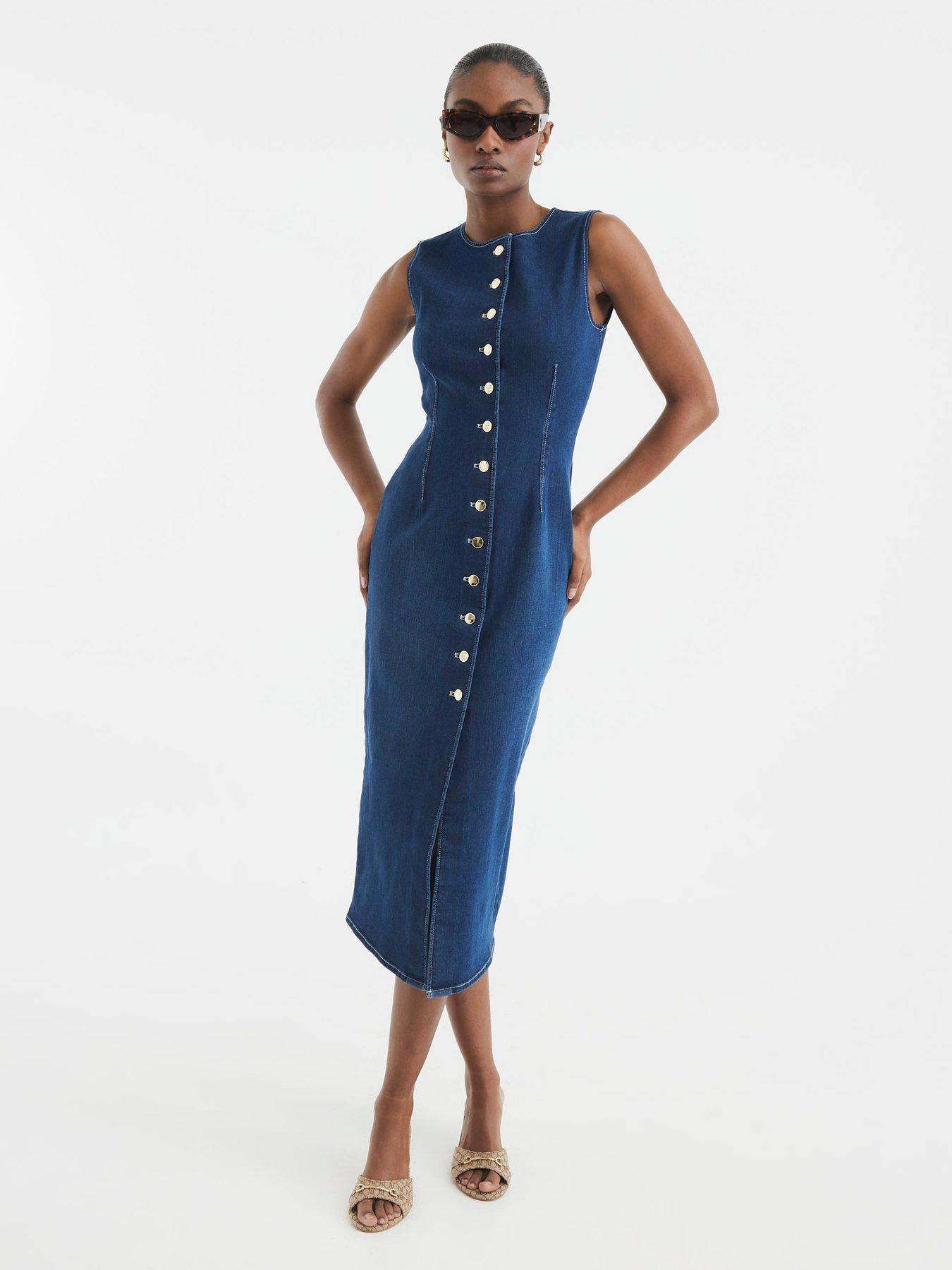 undefined Button Front Midi Bodycon Dress - Dark Denim - Blue