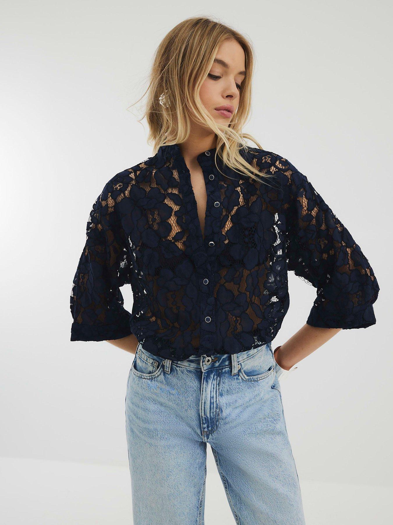 undefined Grandad Collar Lace Shirt - Navy