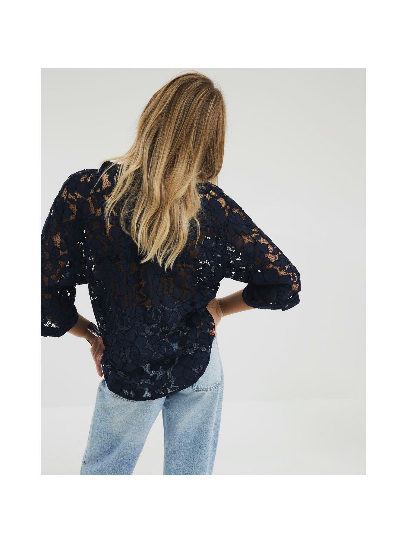Image 2 of 4 of River Island Grandad Collar Lace Shirt - Navy