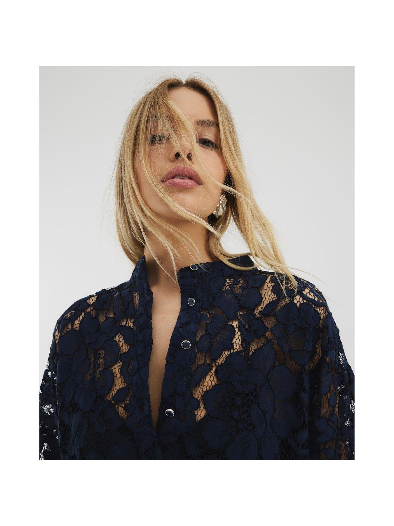 Image 4 of 4 of River Island Grandad Collar Lace Shirt - Navy