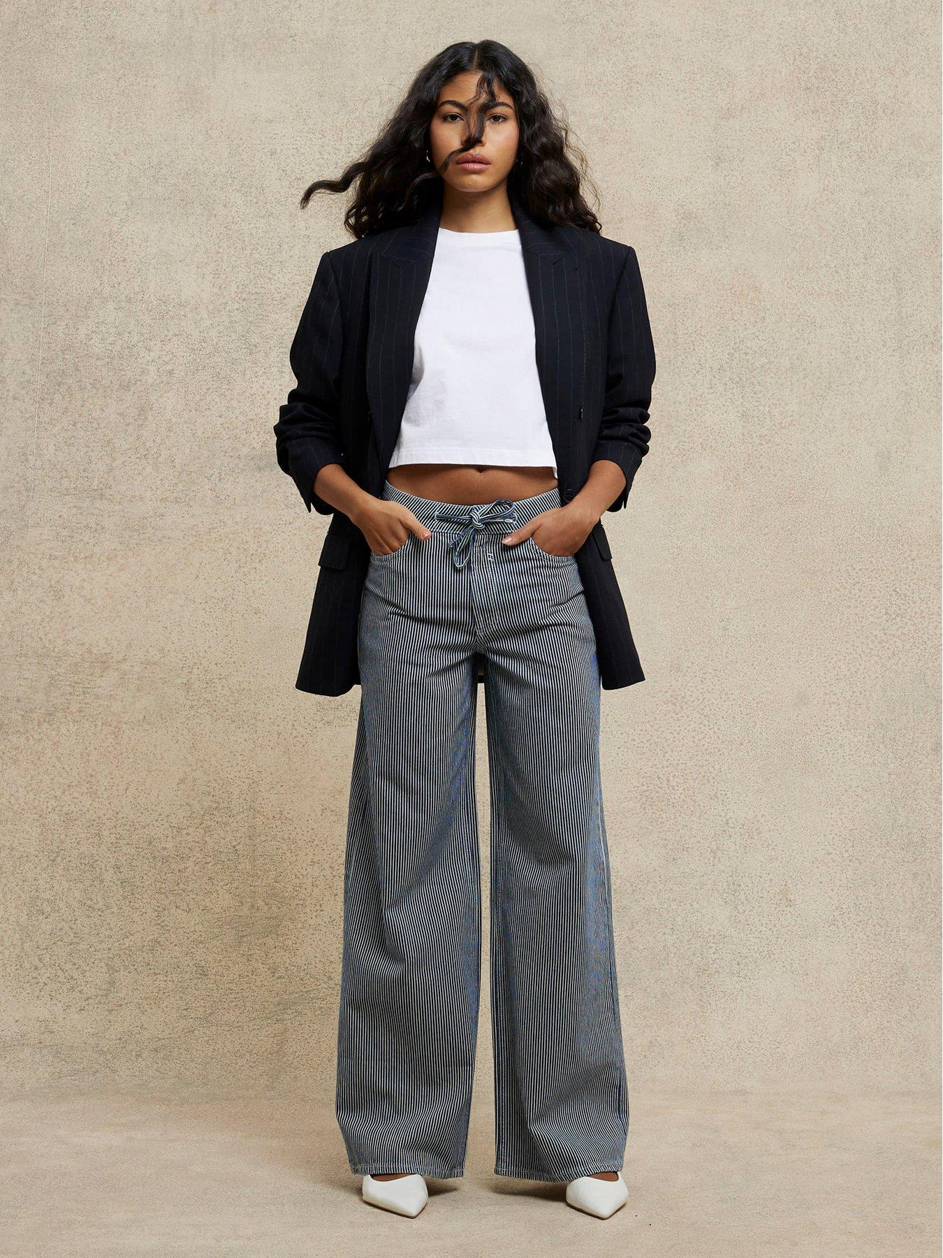 undefined Wide Leg Tie Front Striped Jeans - Light Denim