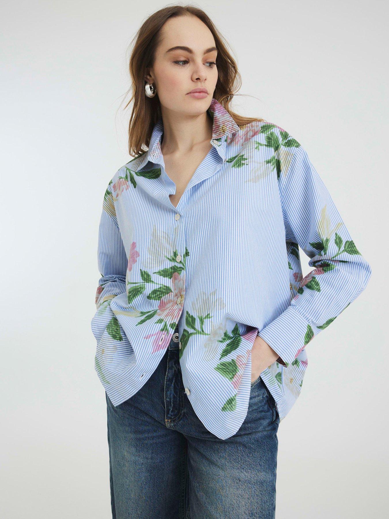undefined Long Sleeve Floral Stripe Mix Shirt - Blue