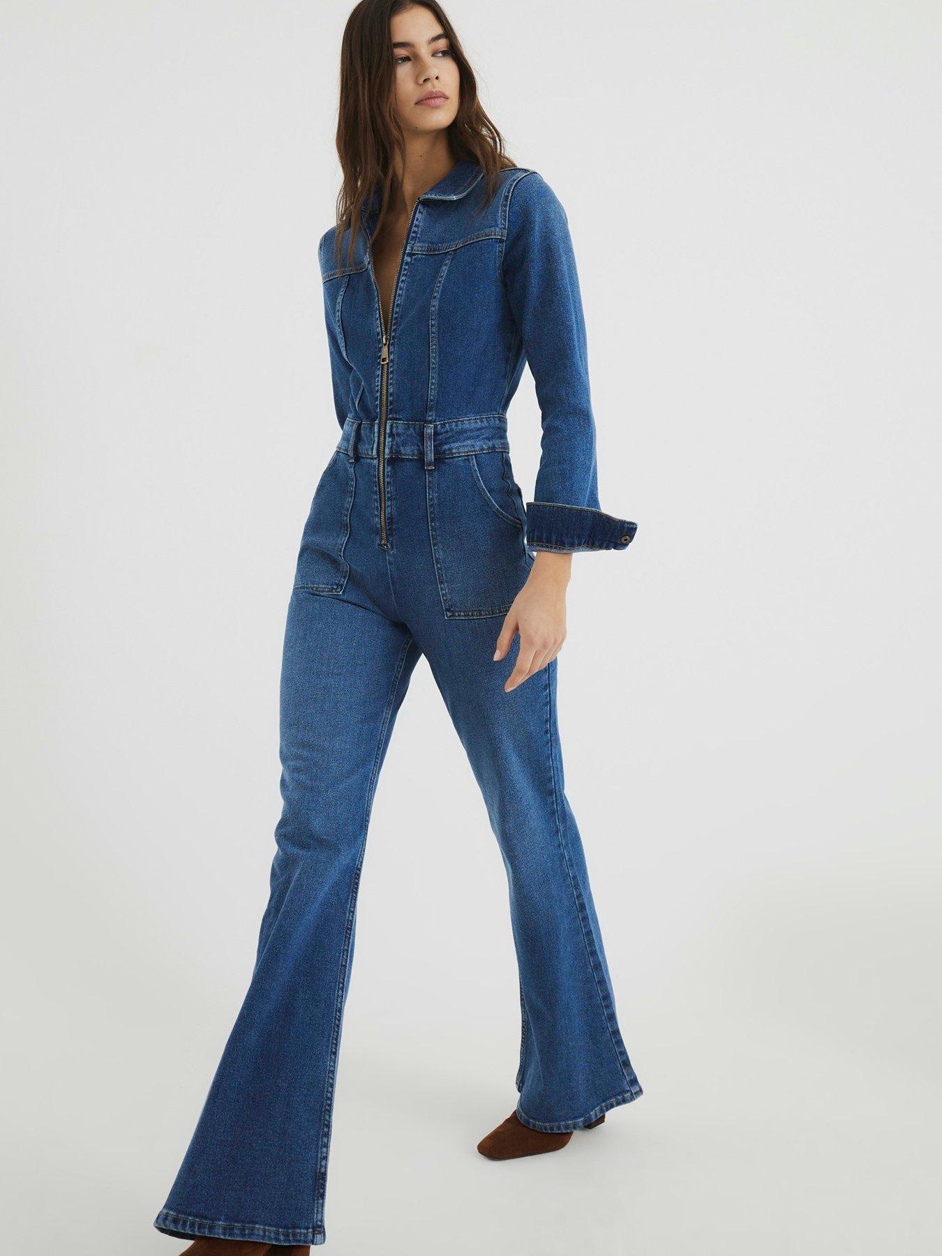 River Island Denim Relaxed Flare Leg Jumpsuit Medium Denim Very