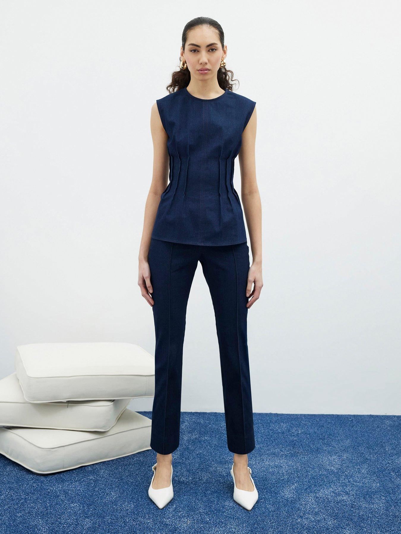 undefined Pintuck Stretch Denim Top - Dark Blue