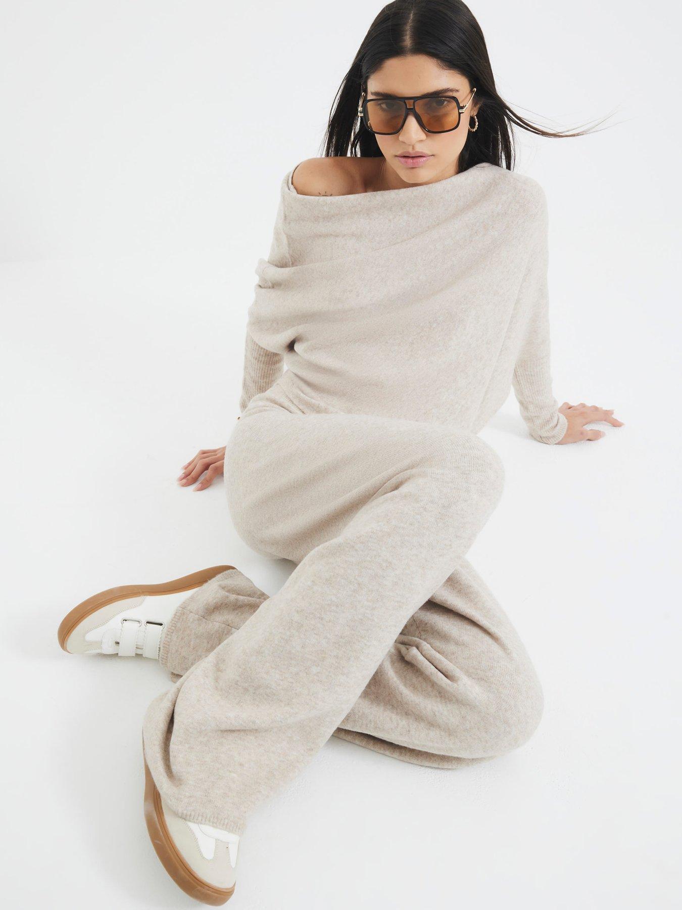 undefined Knit Wide Leg Trouser - Beige
