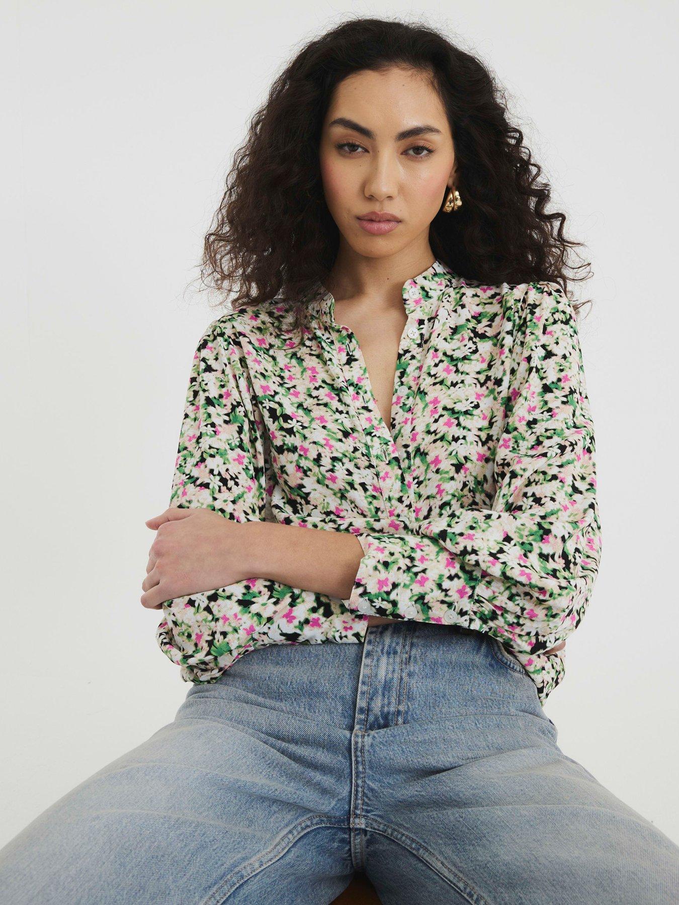 undefined Printed Crew Neck Blouse - Black