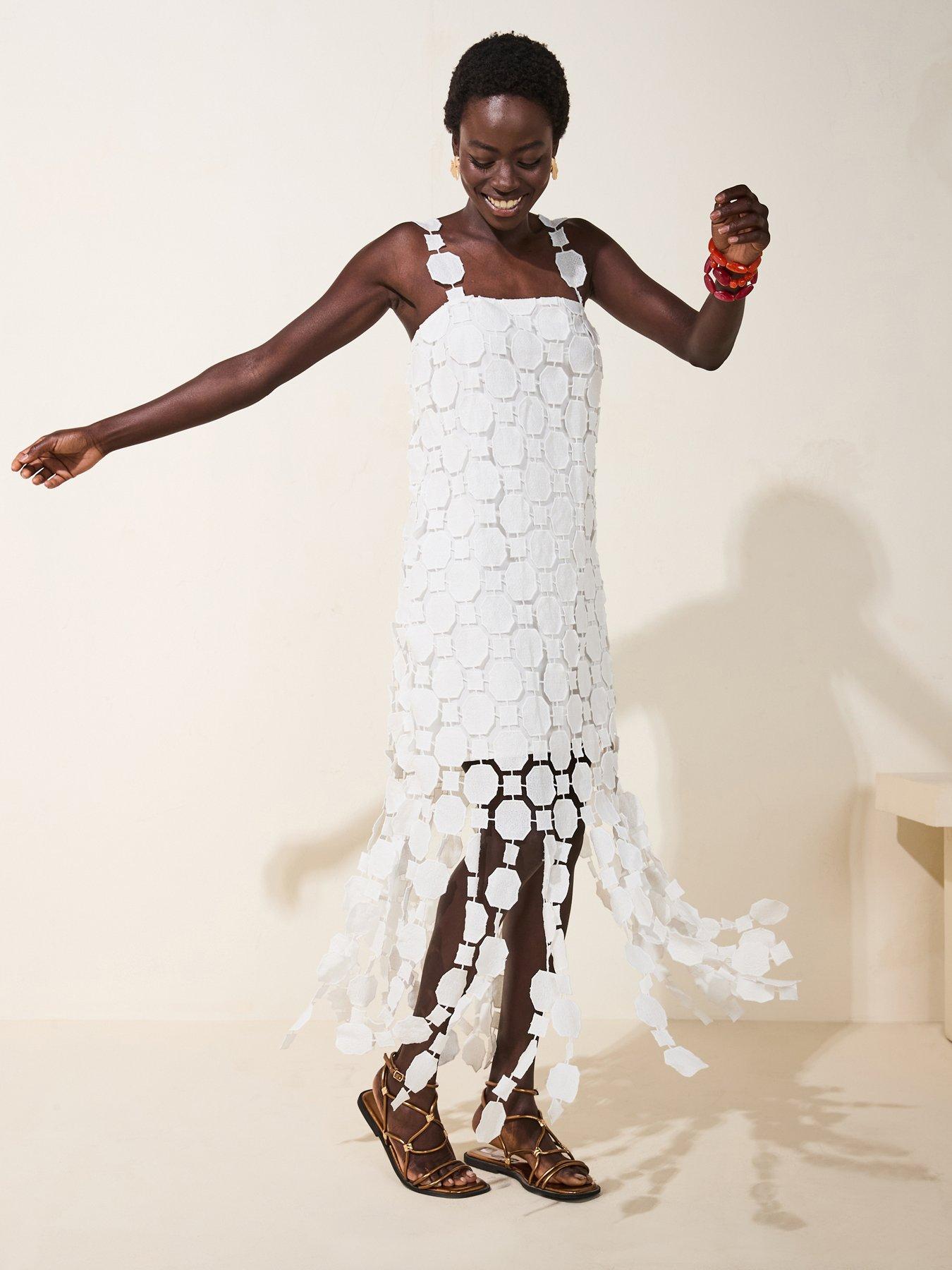 undefined Crochet Fringe Occasion Midi Dress - Cream
