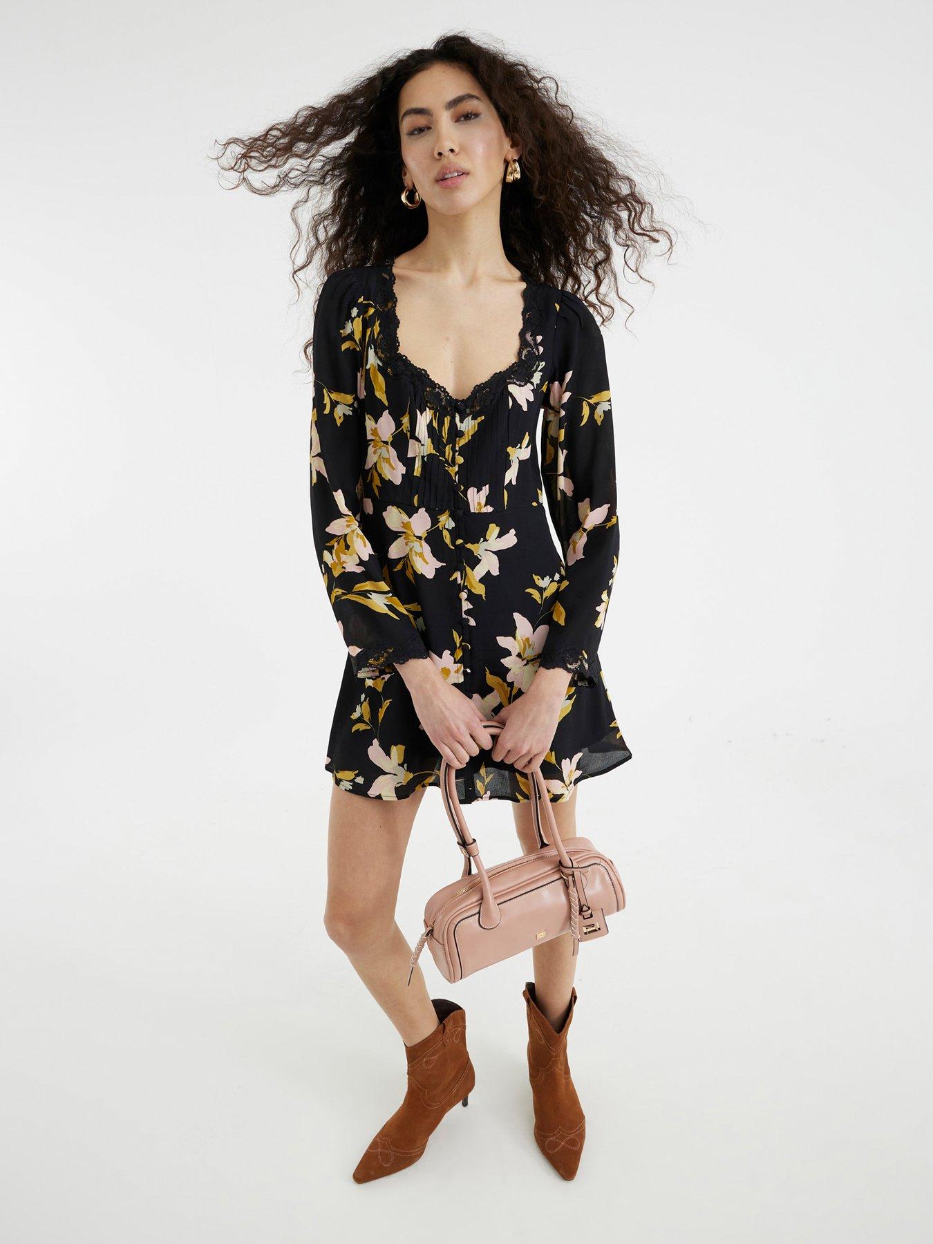 undefined Printed Floral Lace Trim Dress - Black