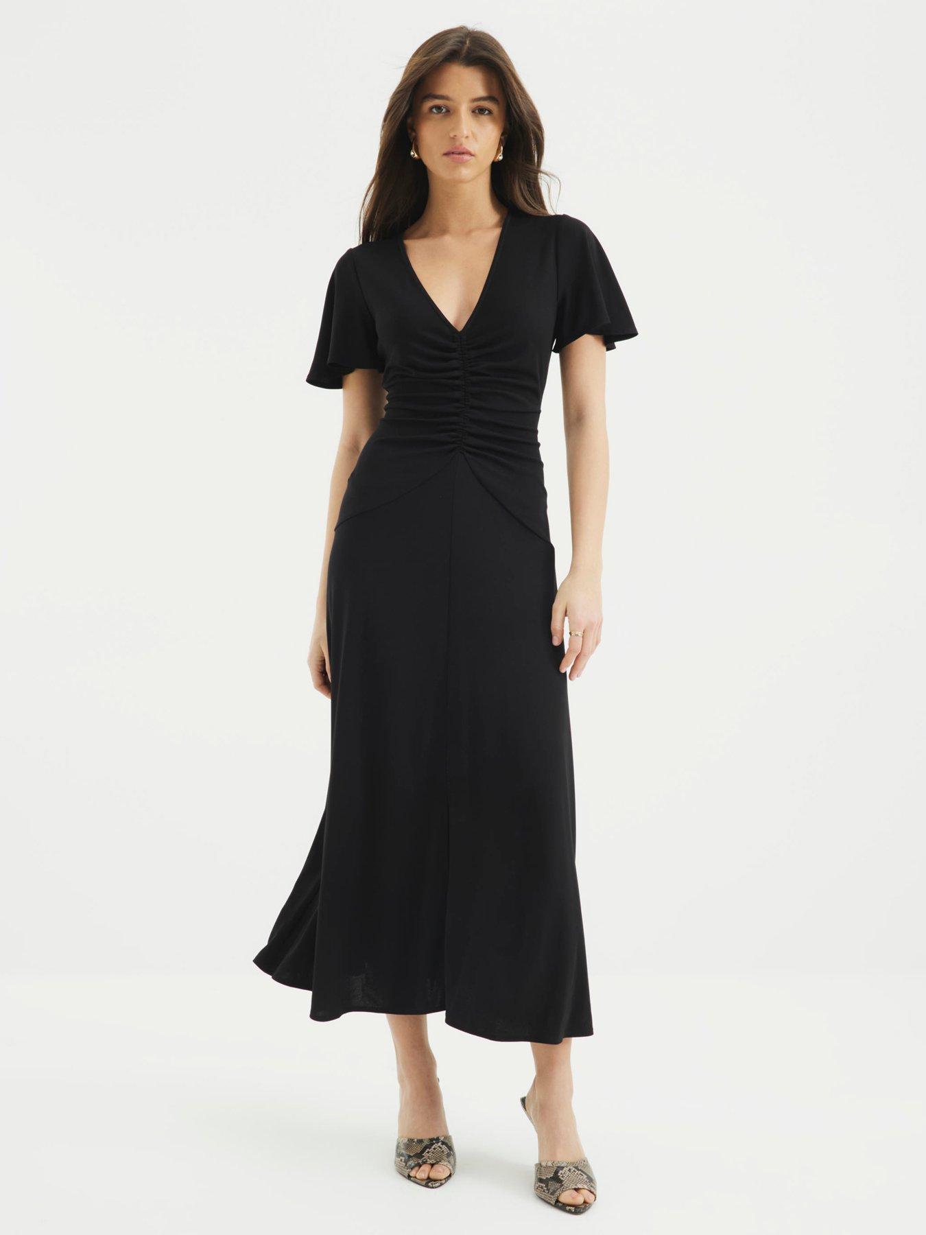 undefined Short Sleeve Ruched Midi Dress - Black