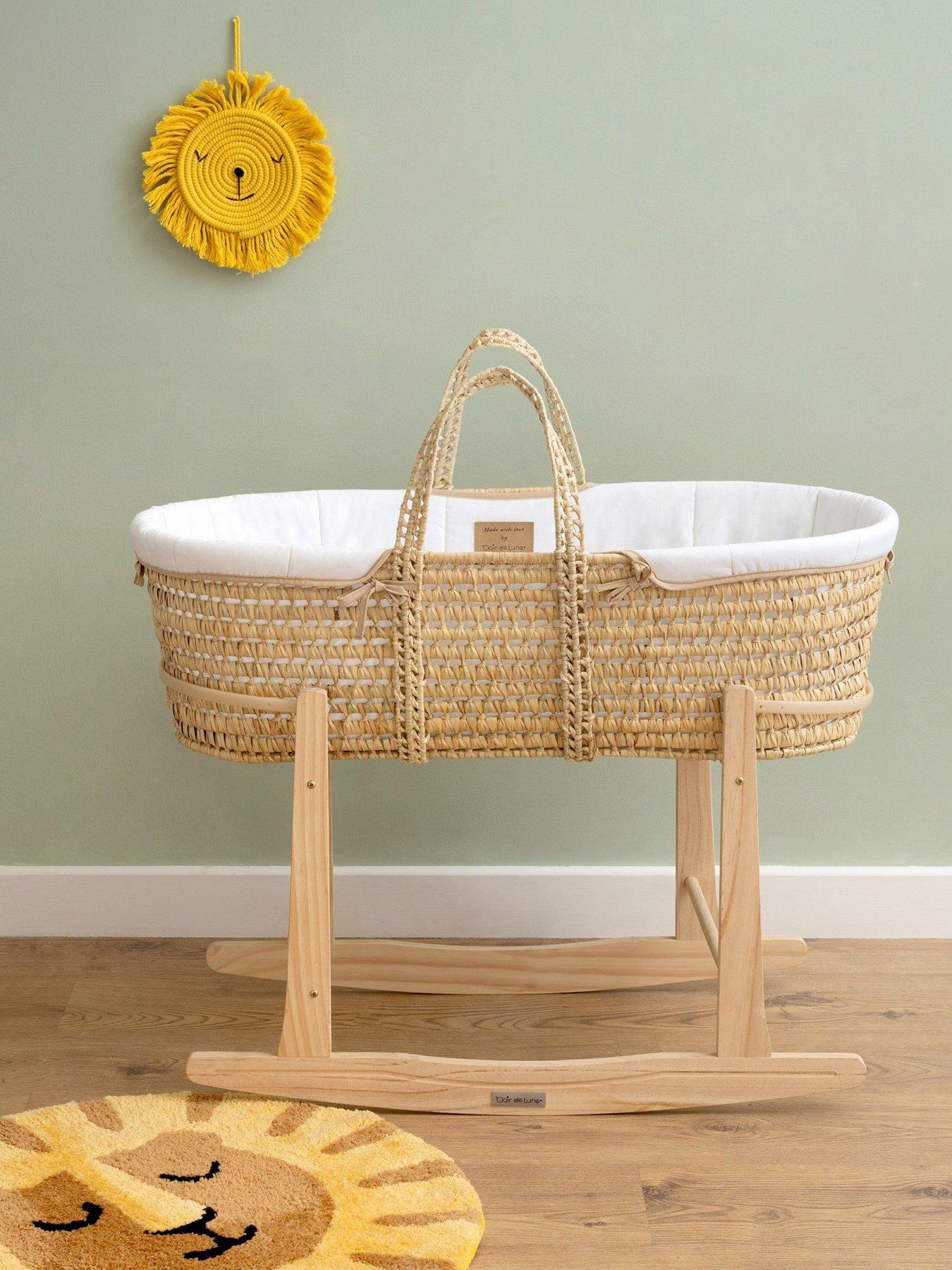Product photograph of Clair De Lune Palm Moses Basket White With Rocking Stand from very.co.uk