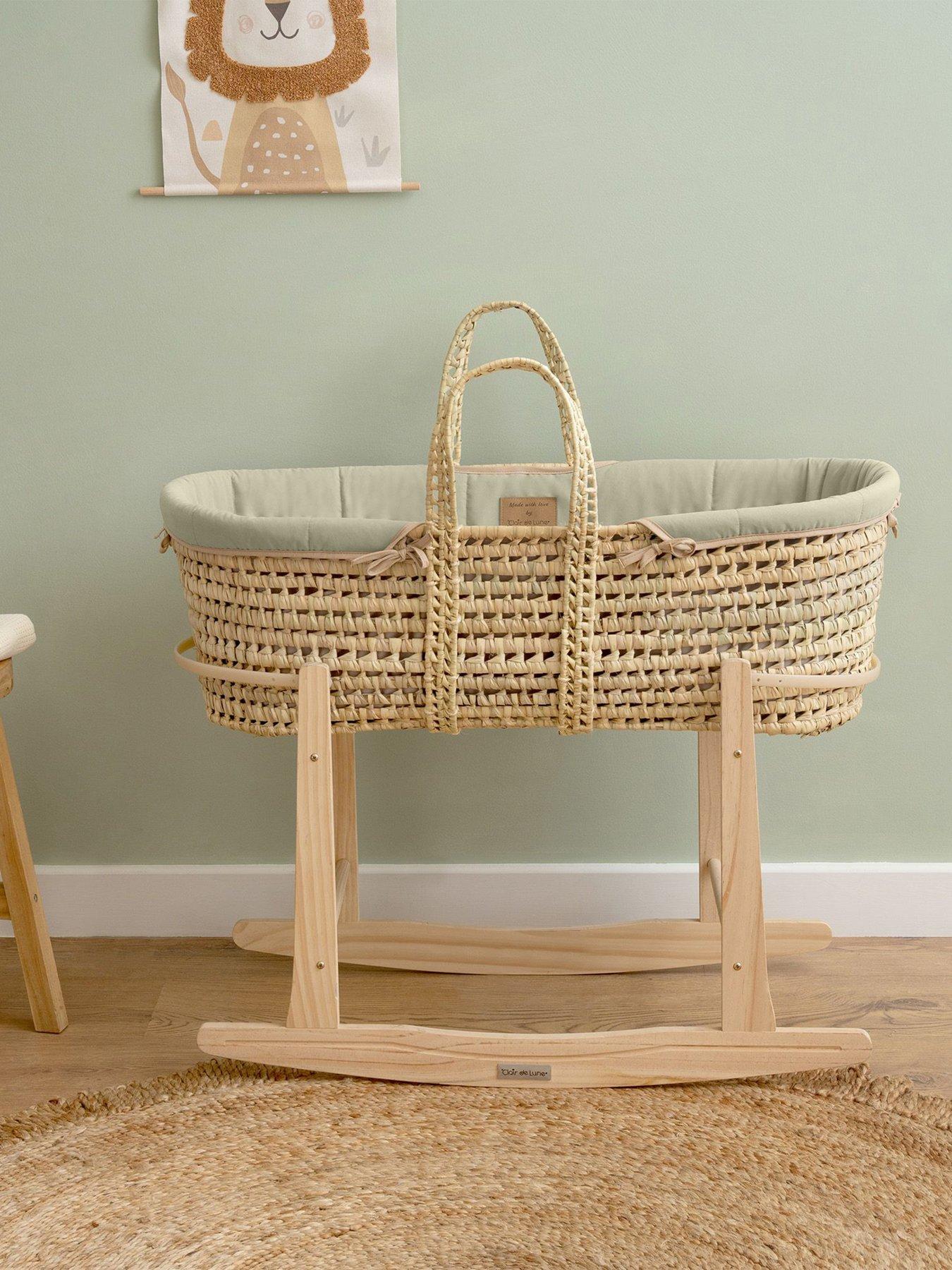 Product photograph of Clair De Lune Organic Palm Moses Basket Sage With Rocking Stand from very.co.uk