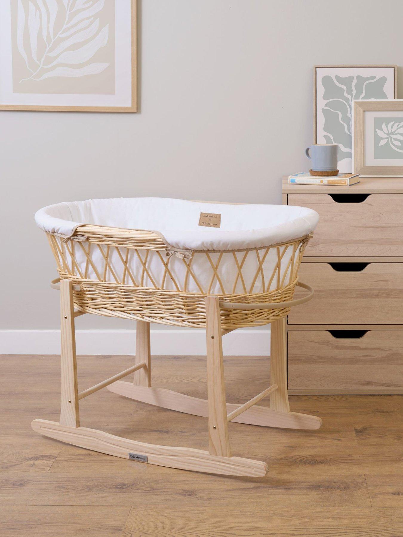 Product photograph of Clair De Lune Wicker Moses Basket White With Rocking Stand from very.co.uk