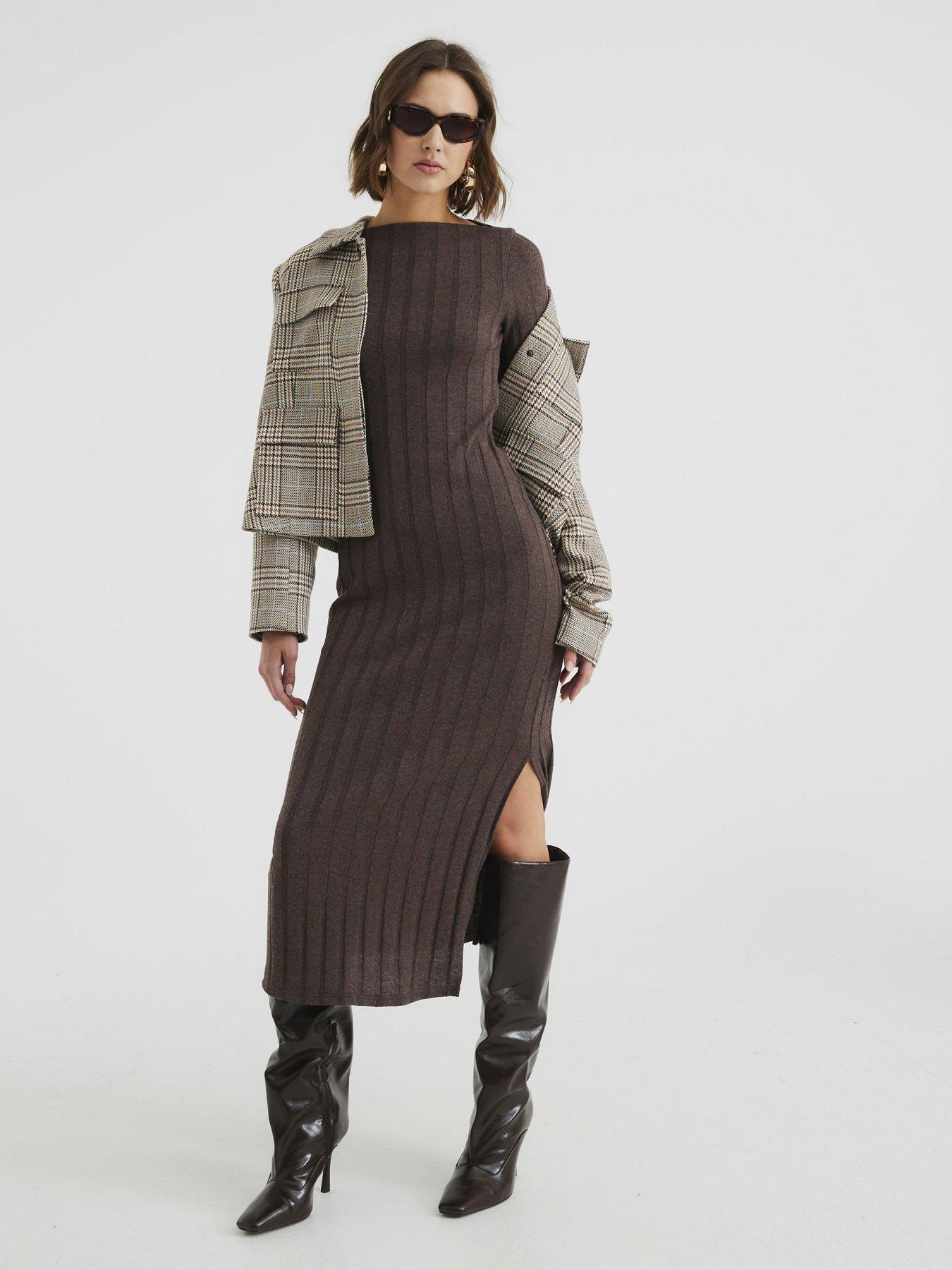 undefined Cosy Rib Midi Dress - Dark Brown