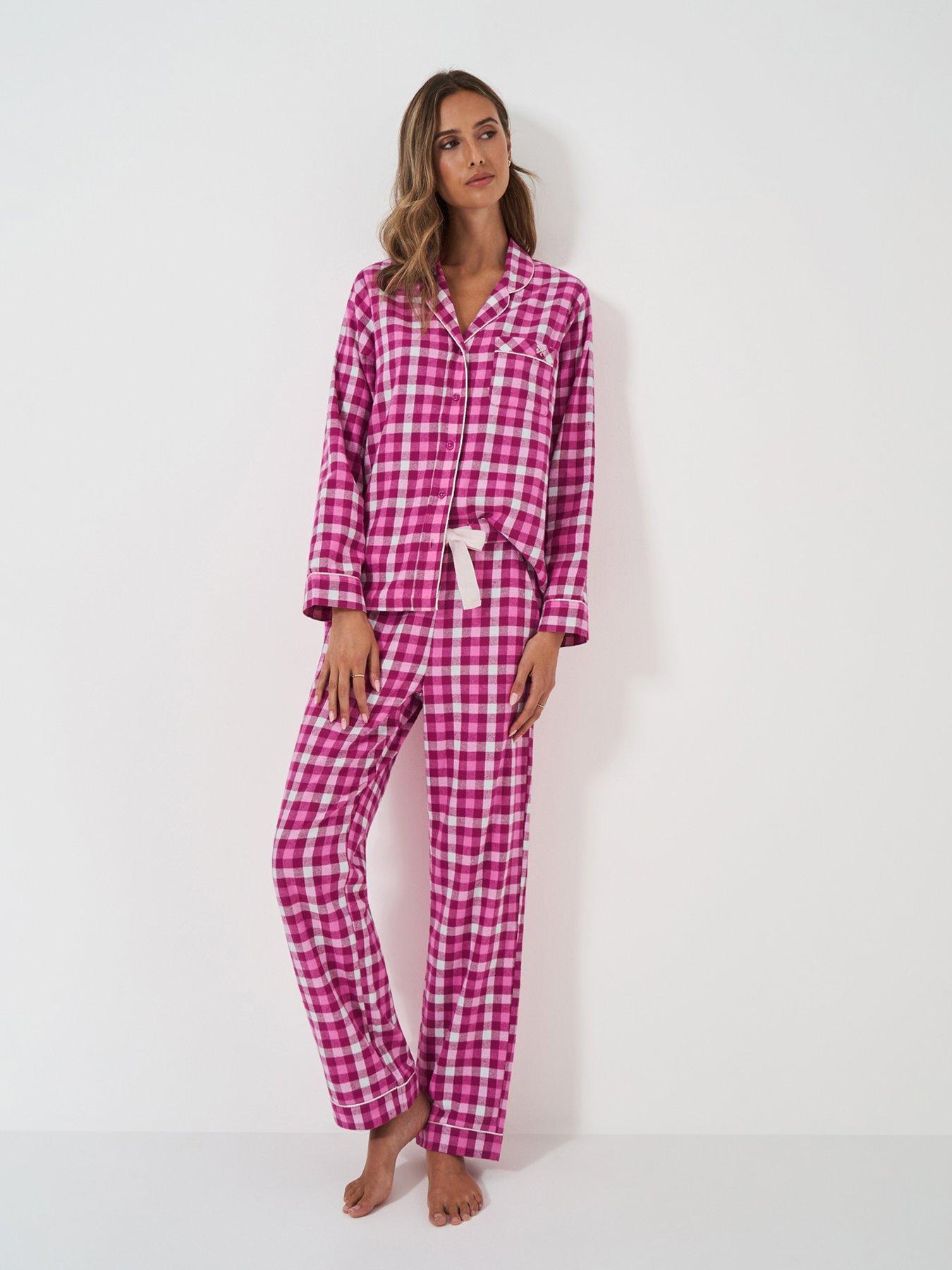 undefined Flannel Cotton Checked Long Pyjama Set - Pink