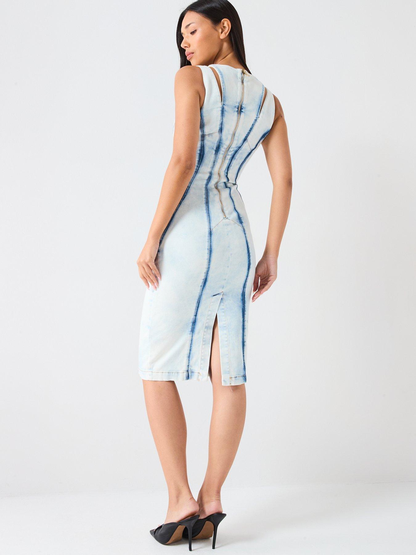 altrd state blue dress Versace Leather Lace-Embellished Evening Gown