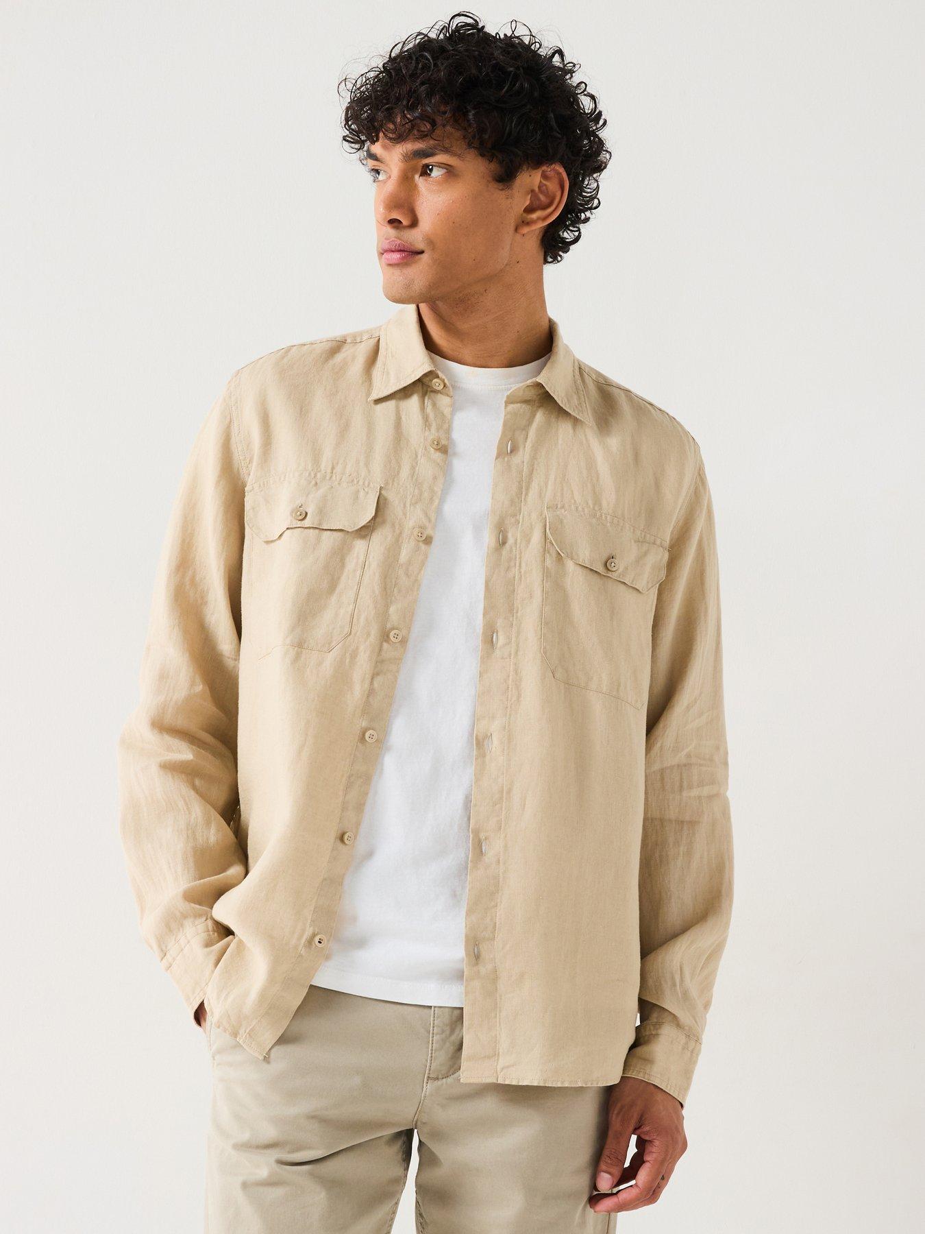 undefined Liam Regular Fit Double Pocket Linen Shirt - Light Beige