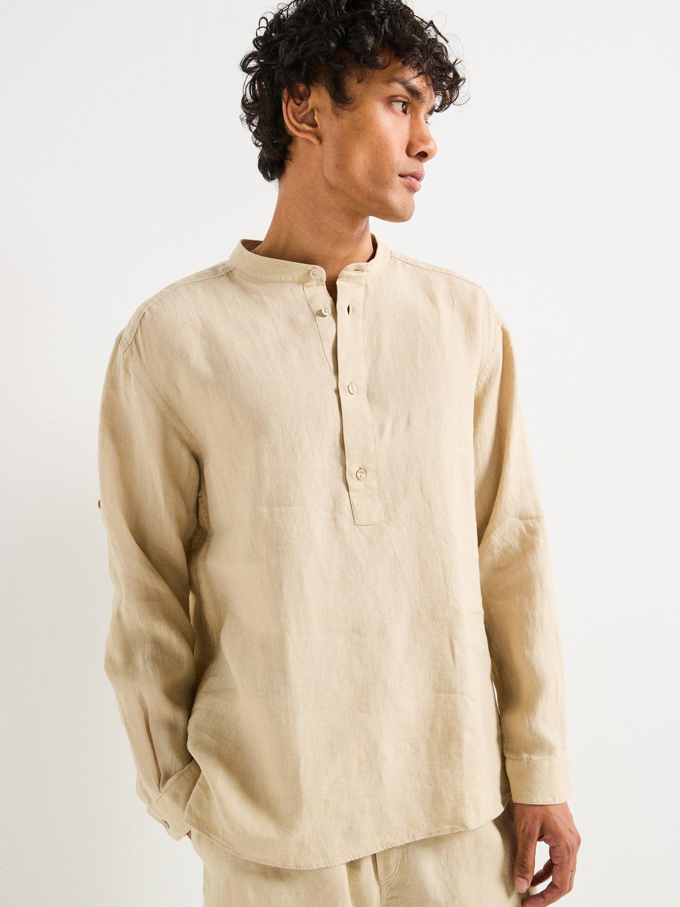 undefined C-Cory Relaxed Fit Collarless Linen Shirt - Light Beige
