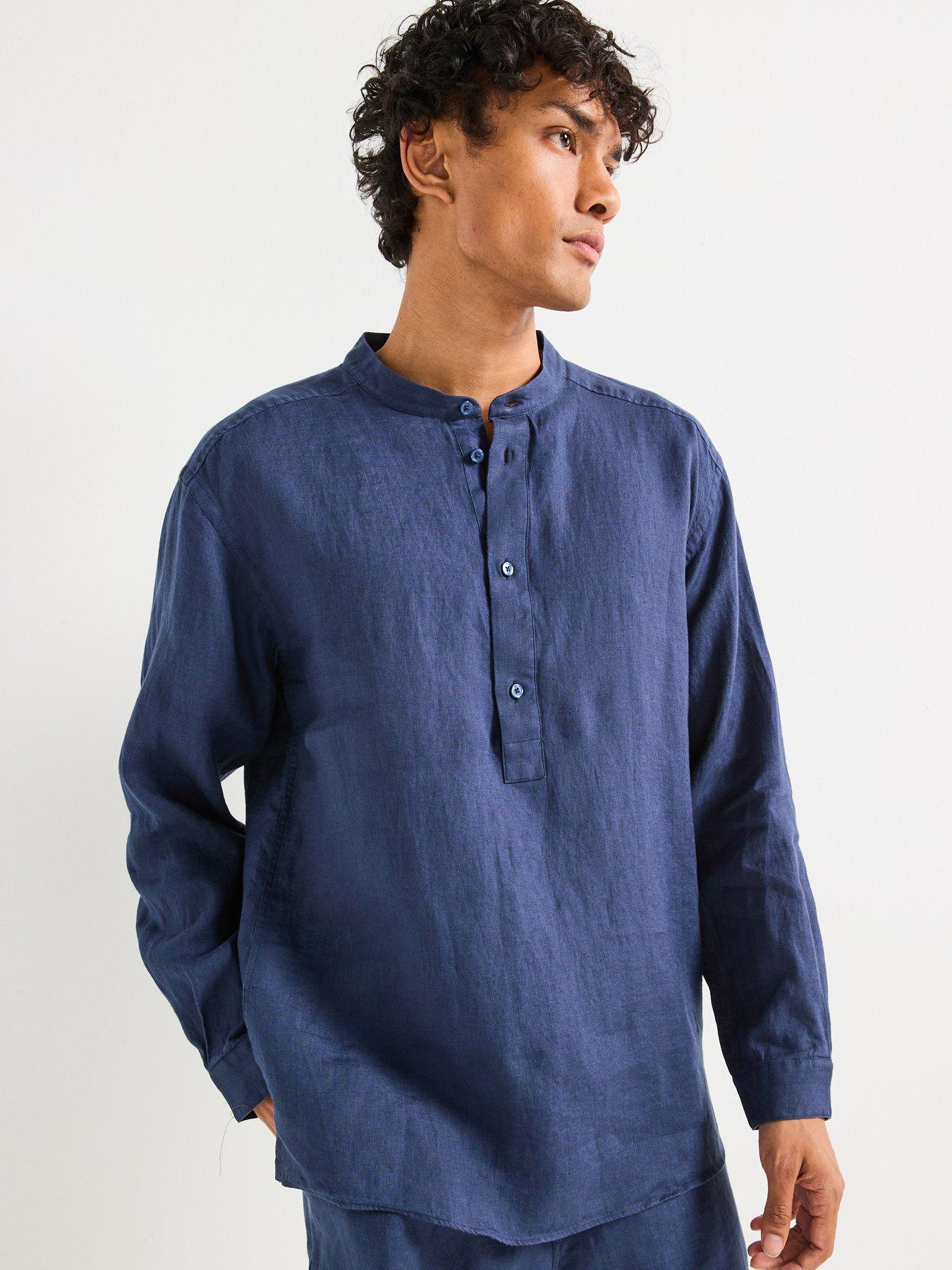 undefined C-Cory Relaxed Fit Collarless Linen Shirt - Navy