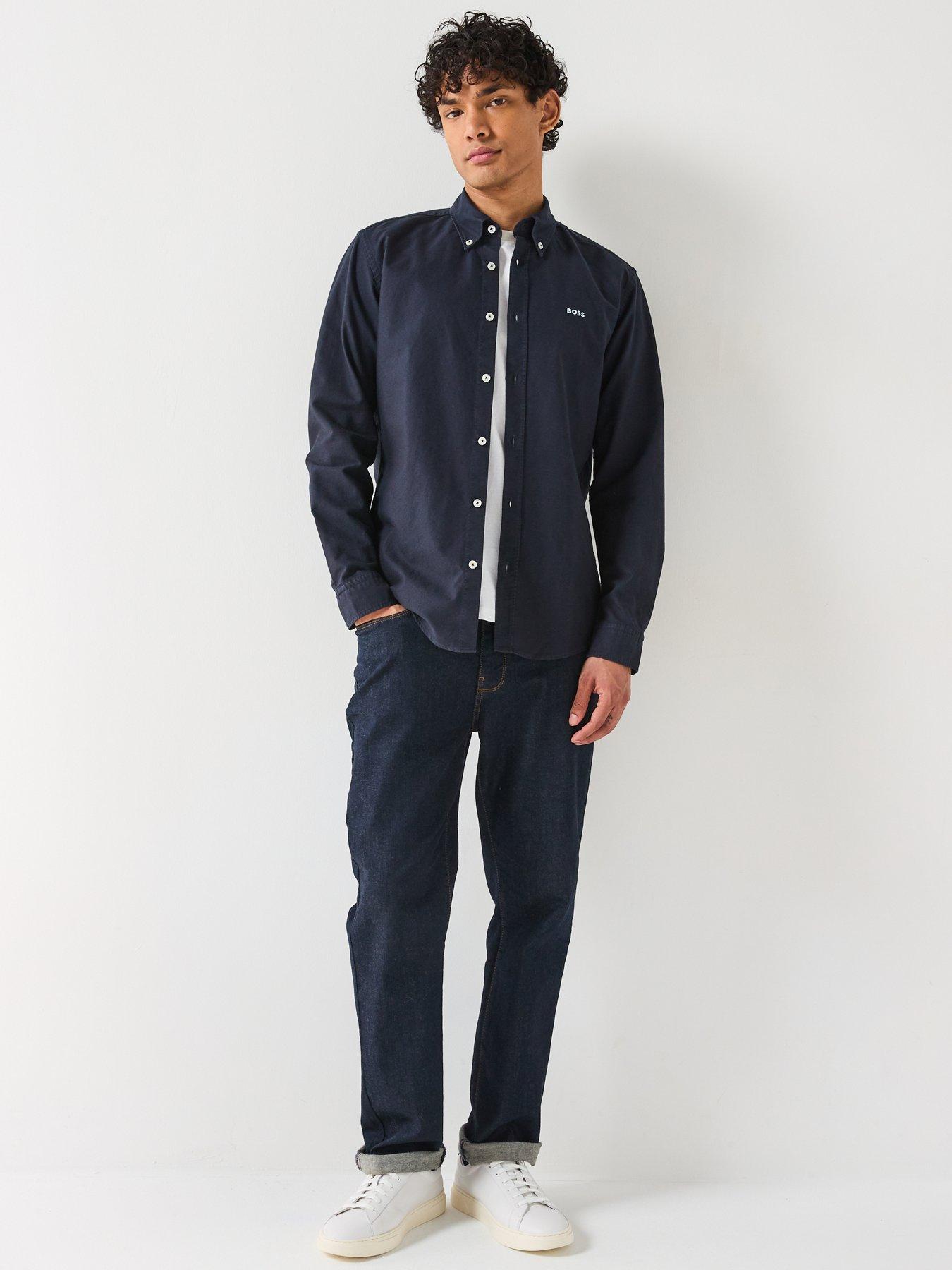 Image 3 of 6 of BOSS Roan Slim Fit Button Down Logo Oxford Shirt- Navy