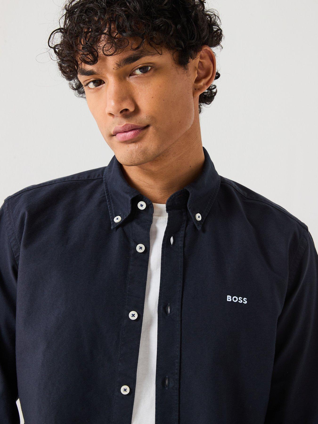 Image 4 of 6 of BOSS Roan Slim Fit Button Down Logo Oxford Shirt- Navy