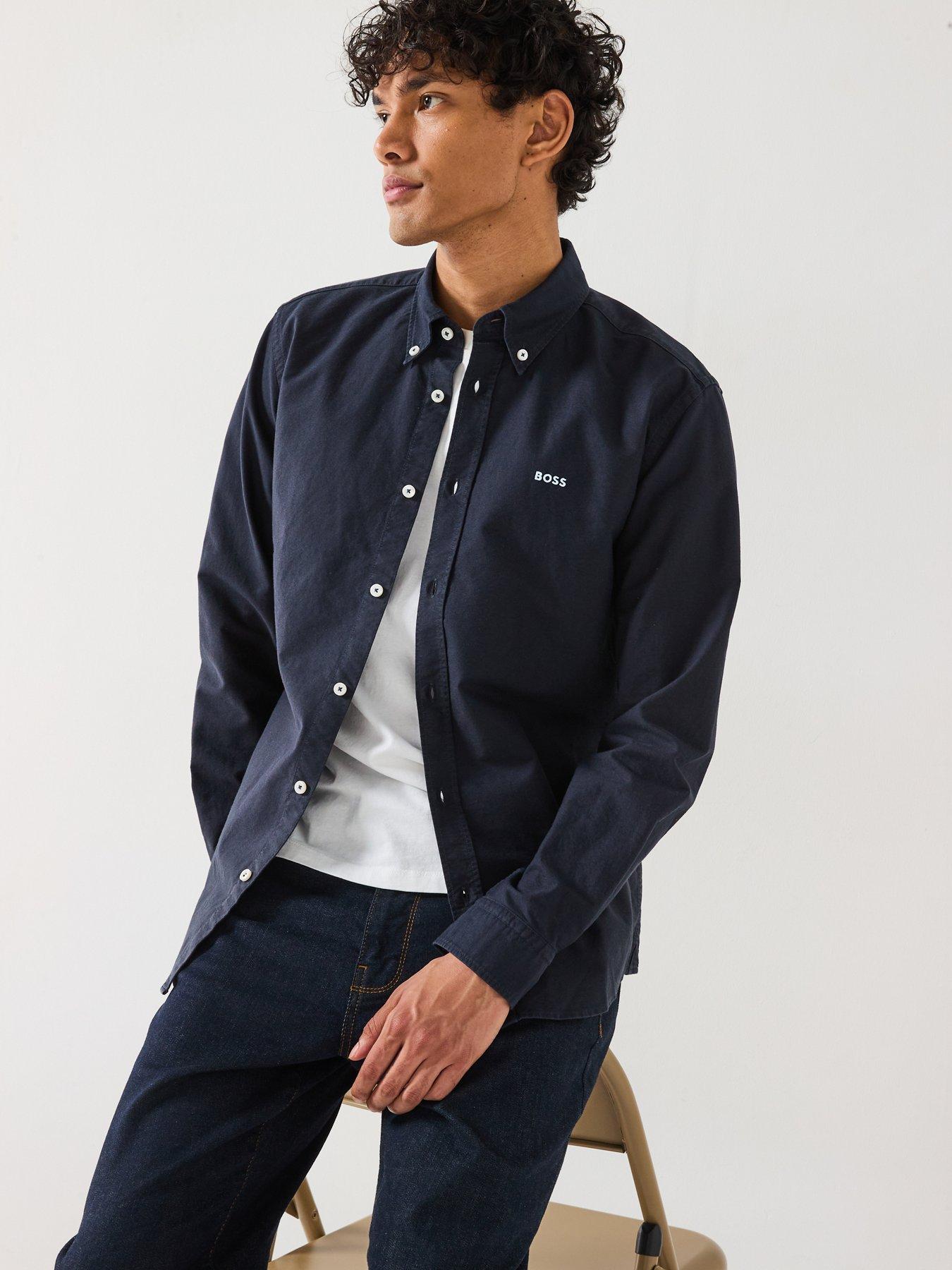 Image 5 of 6 of BOSS Roan Slim Fit Button Down Logo Oxford Shirt- Navy