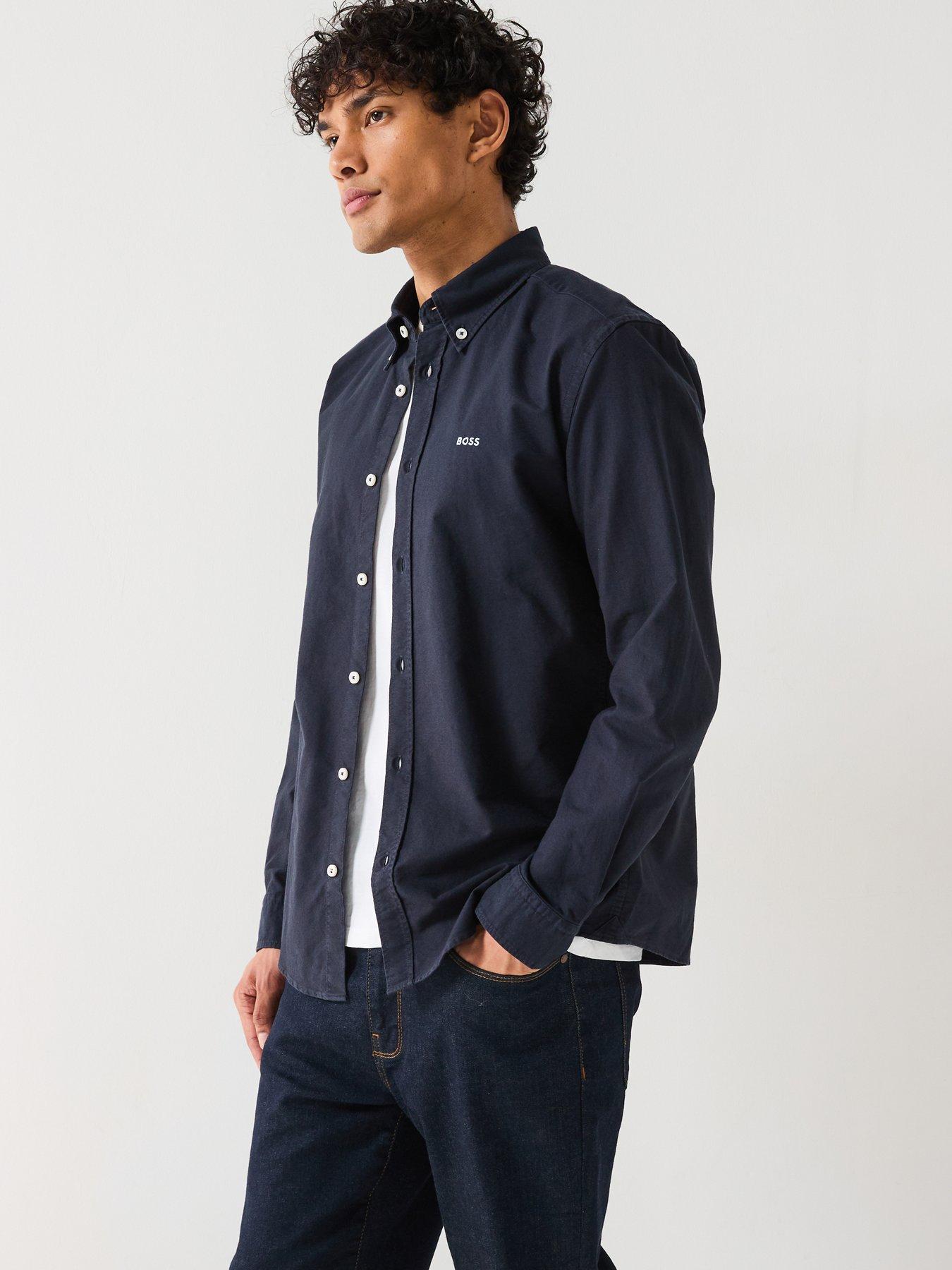 Image 6 of 6 of BOSS Roan Slim Fit Button Down Logo Oxford Shirt- Navy