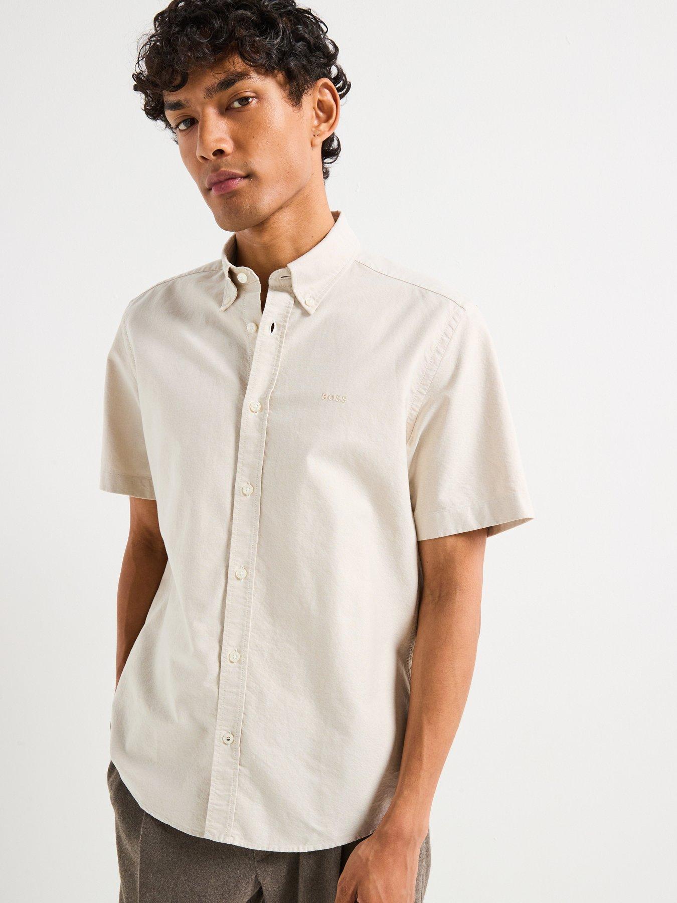 undefined H-Liam Regular Fit Oxford Logo Short Sleeve Shirt - Light Beige