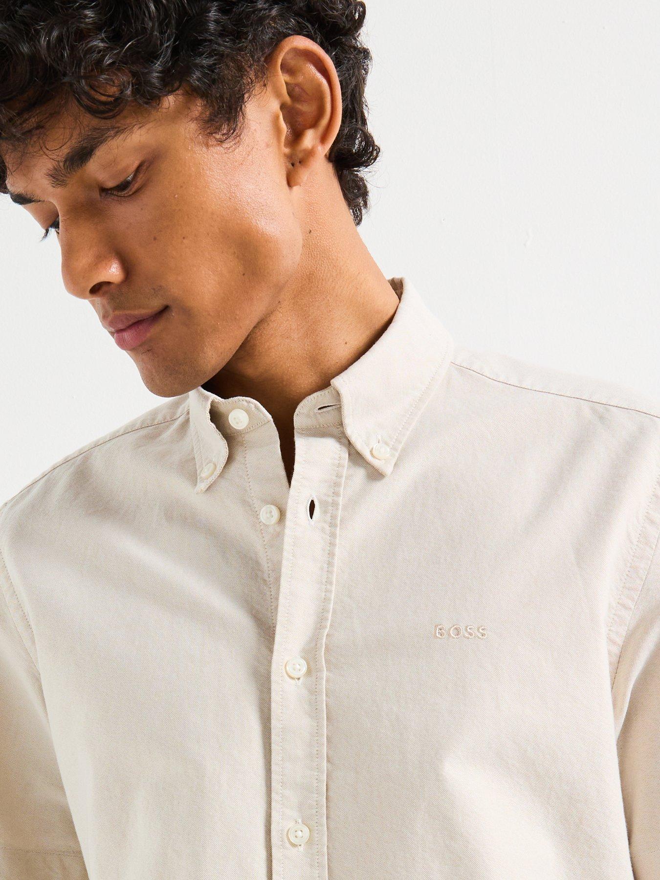 Image 4 of 5 of BOSS H-Liam Regular Fit Oxford Logo Short Sleeve Shirt - Light Beige