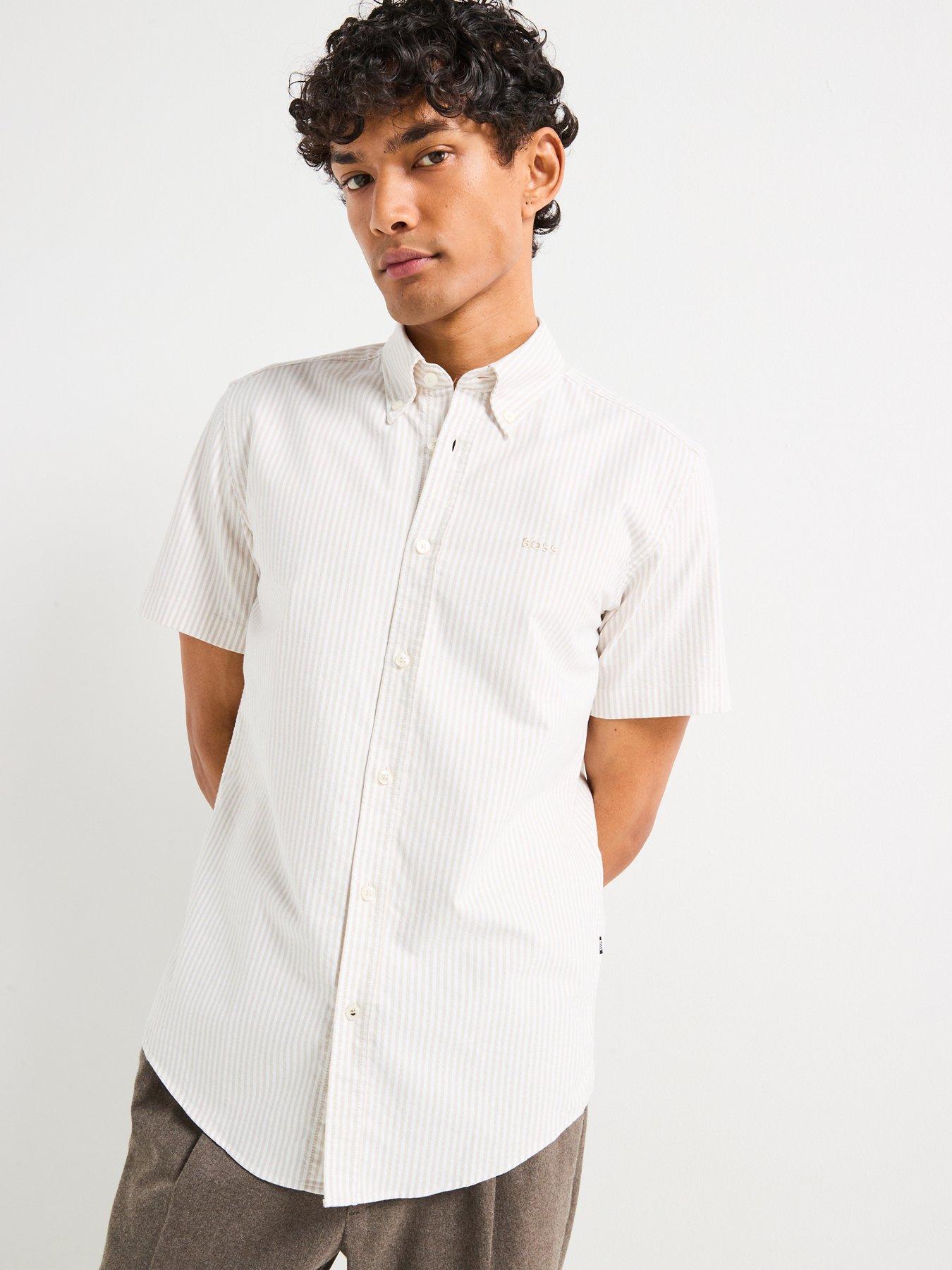 Image 1 of 4 of BOSS H-Roan 252 Slim Fit Oxford Stripe Short Sleeve Shirt - Light Beige