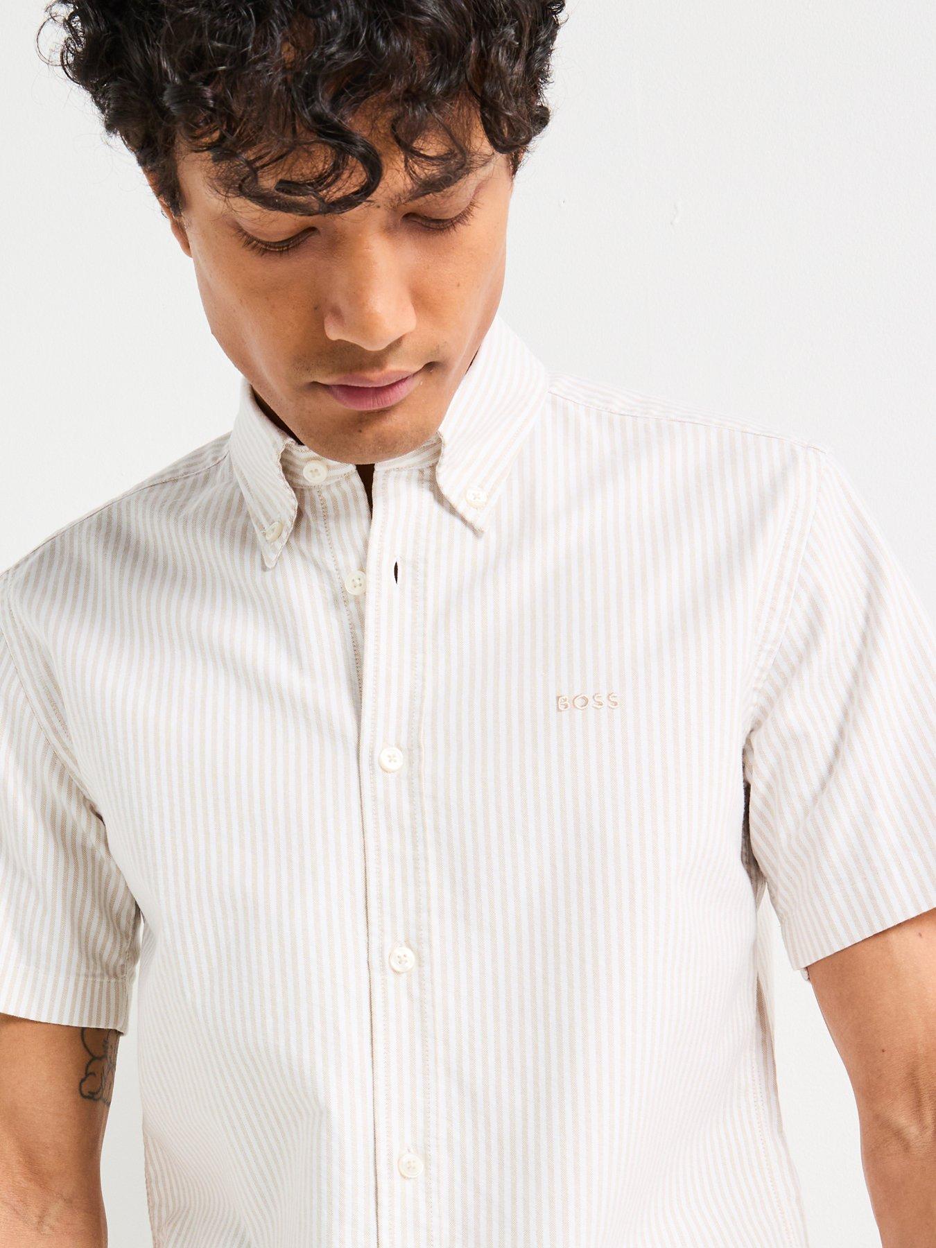 Image 4 of 4 of BOSS H-Roan 252 Slim Fit Oxford Stripe Short Sleeve Shirt - Light Beige