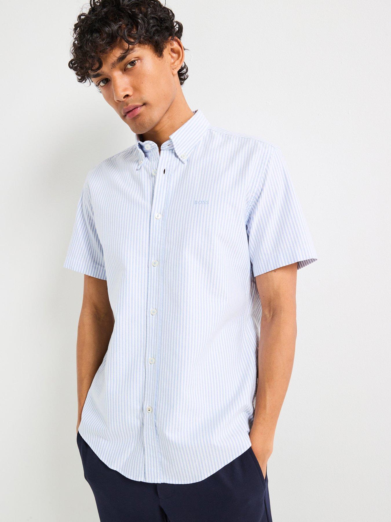 undefined H-Roan 252 Slim Fit Oxford Stripe Short Sleeve Shirt - Light/Pastel Blue