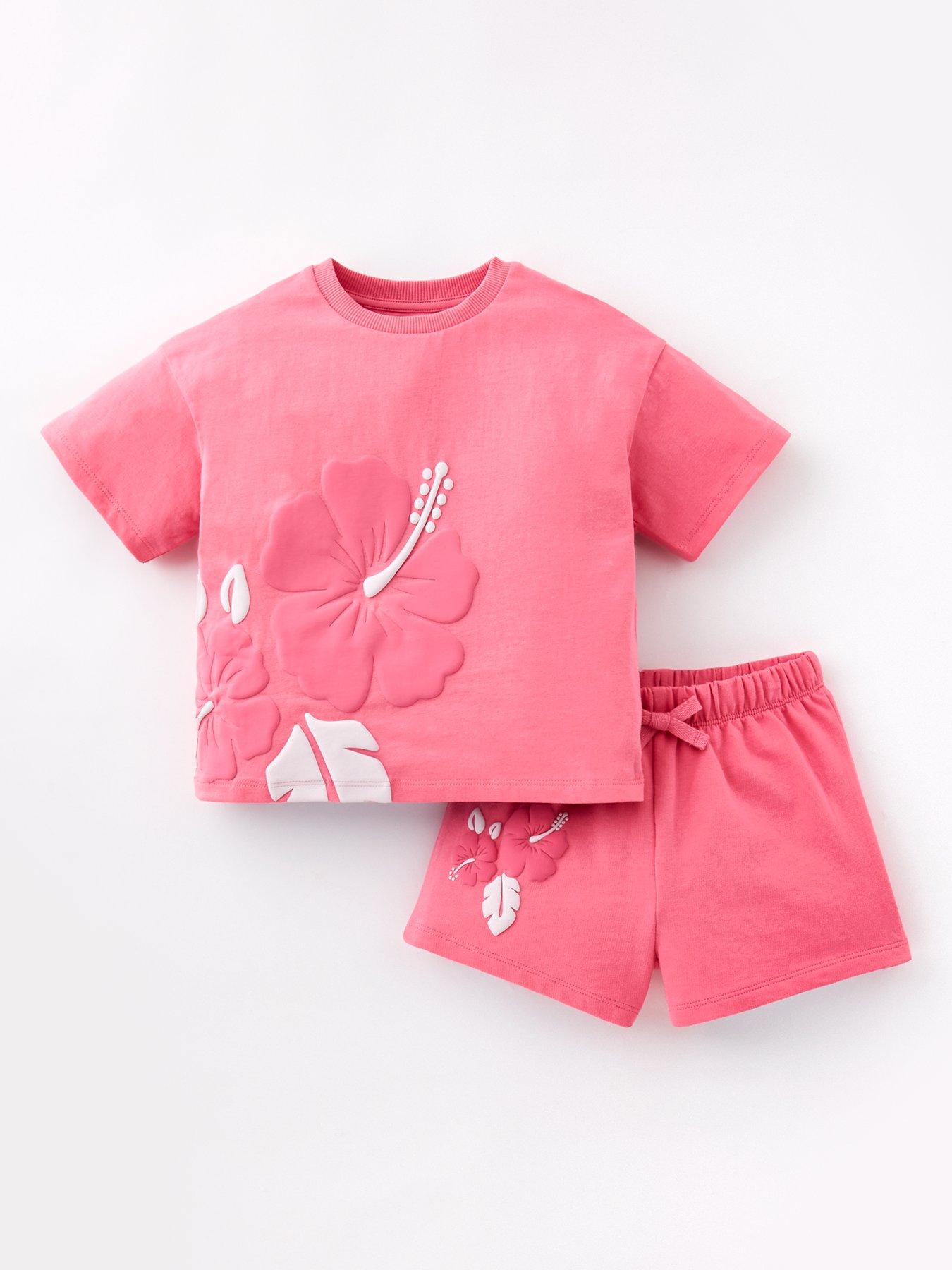 Mini V by Very Girls T-Shirt and Short Set with Floral Puff Print - Pink