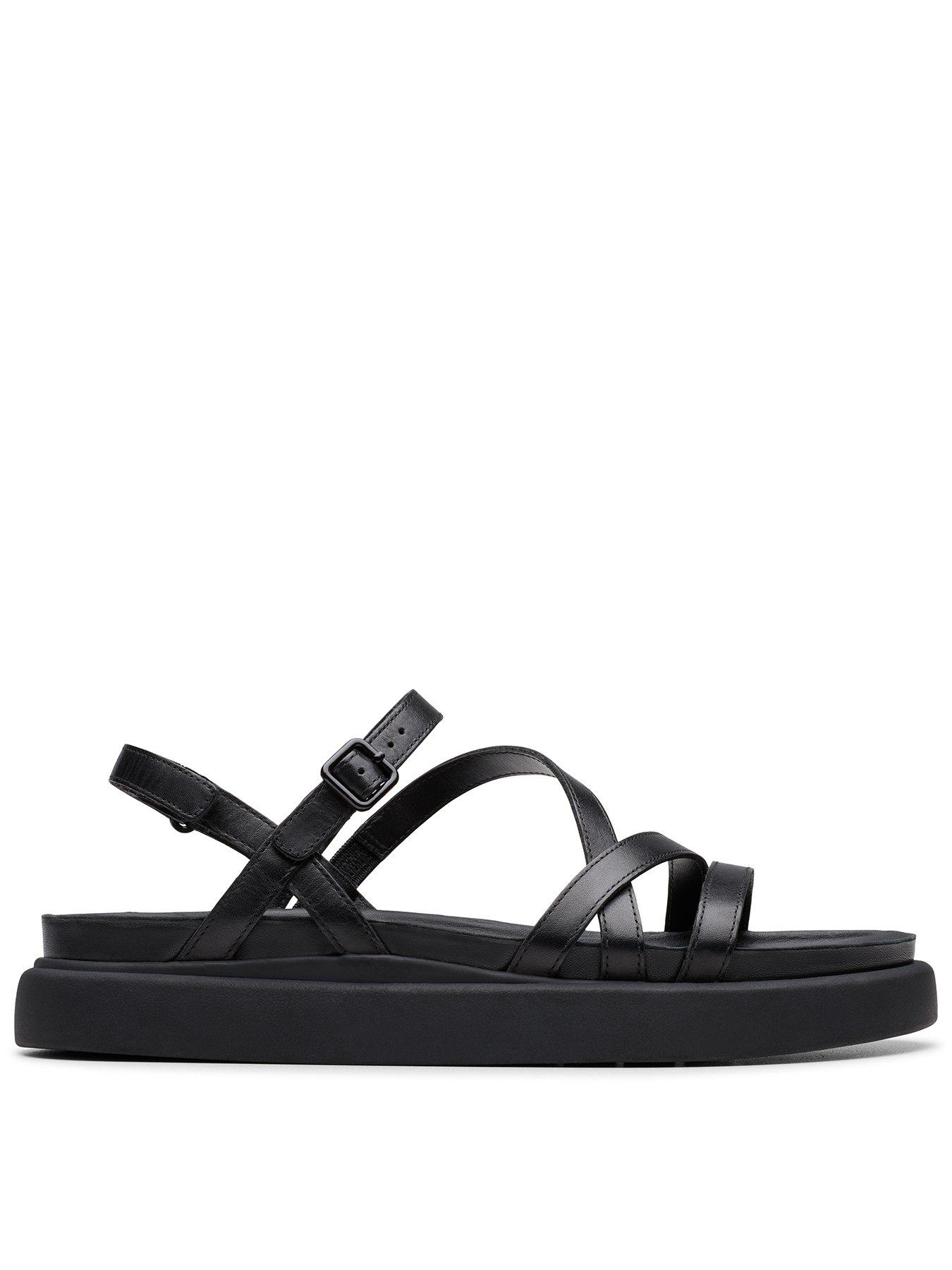 Image of Clarks Aristella Rose Leather Strappy Flat Sandal - Black