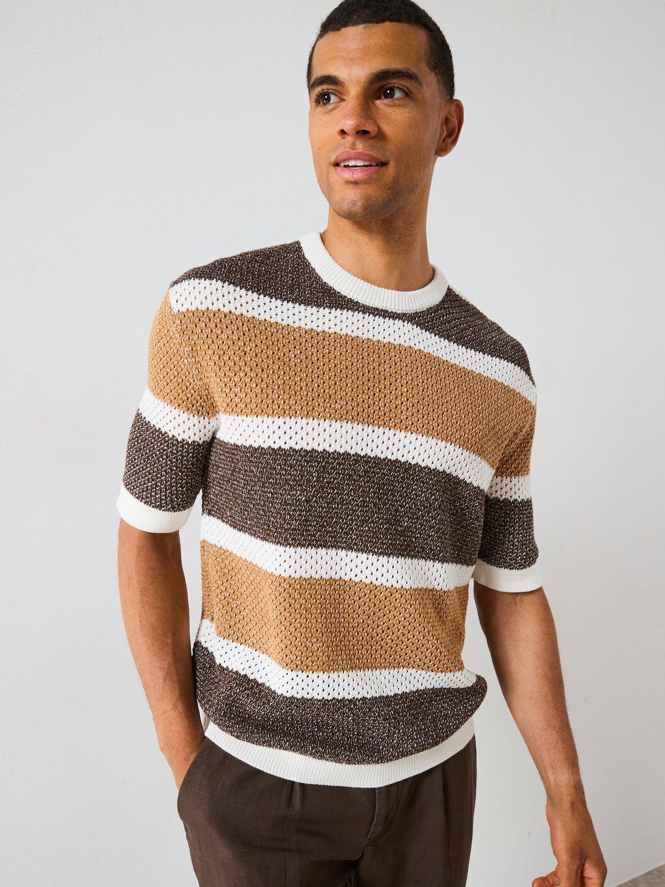 Selected Homme Ginger Short Sleeve Relaxed Stripe Knitted T-Shirt, Egret Chipmunk / Demitasse, Size S, Men