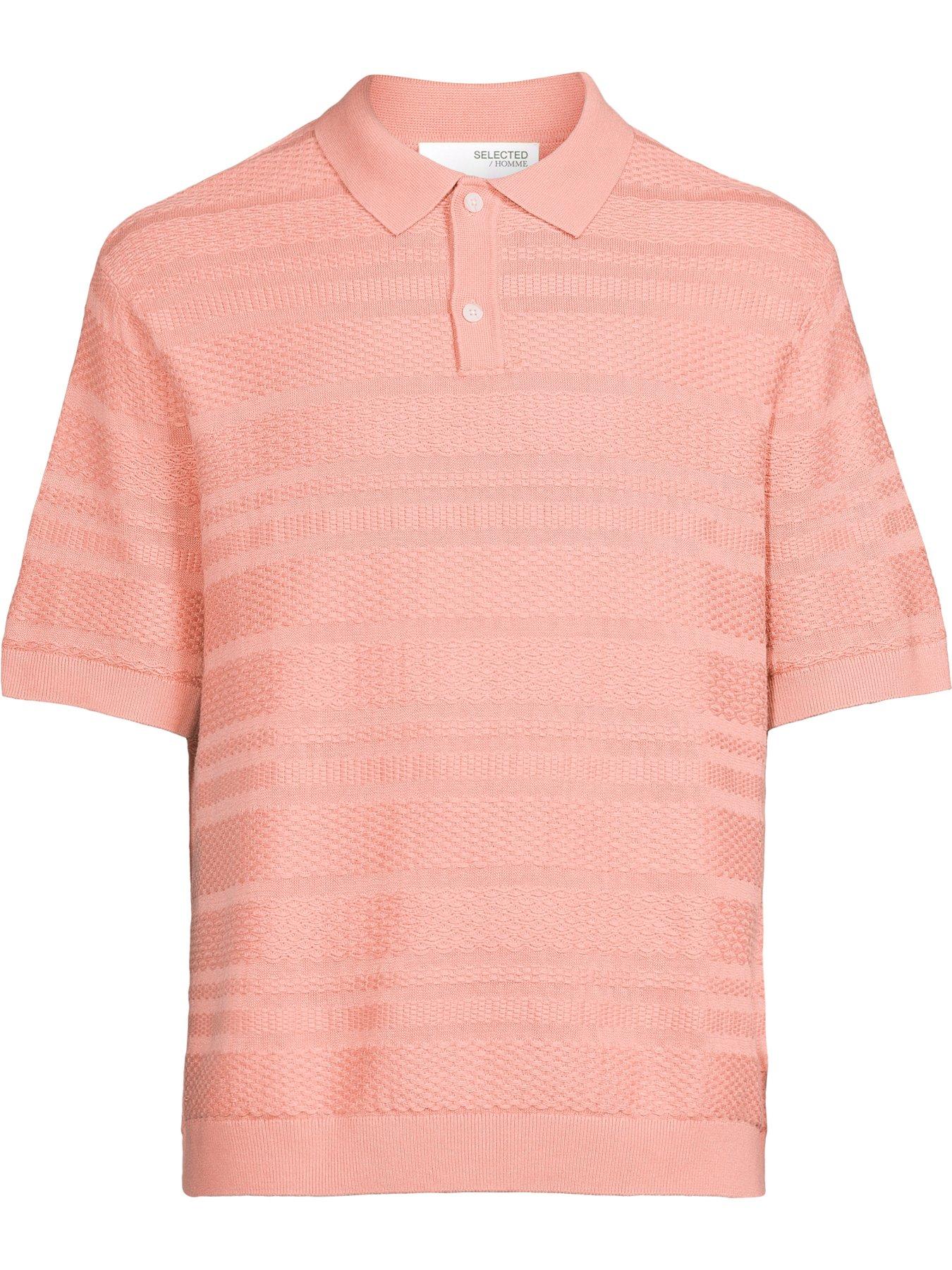 Image 5 of 5 of Selected Homme Foam Short Sleeve Relaxed Fit Structured Knitted Polo Shirt - Salmon