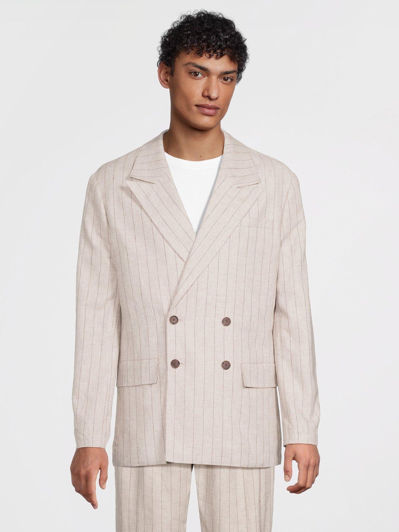undefined Relaxed Fit Malik Pinstriped Double Breasted Blazer - Beige
