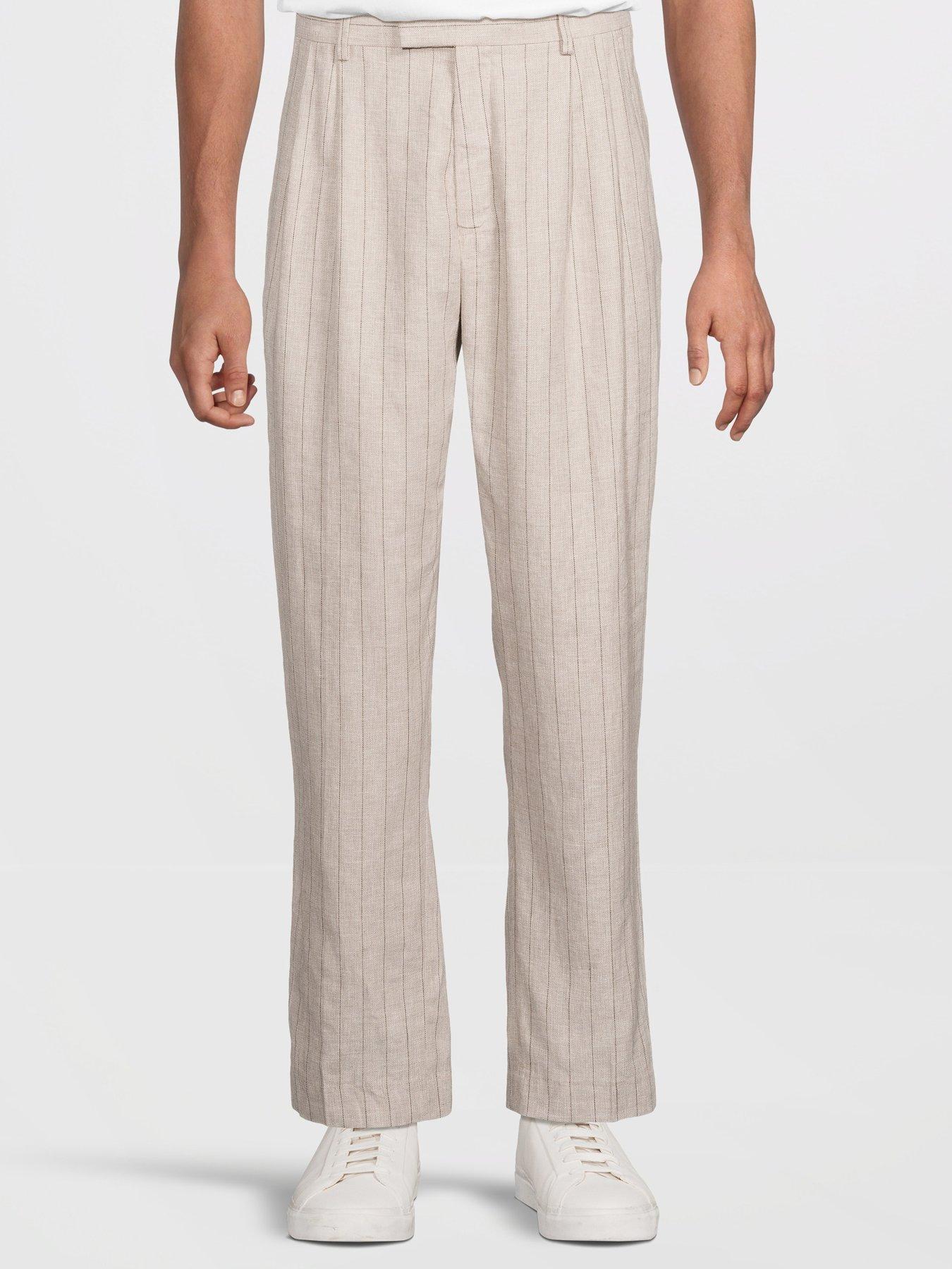 Selected Homme Relaxed Fit Malik Pinstriped Trousers, Oatmeal Pinstriped, Size 30R, Men