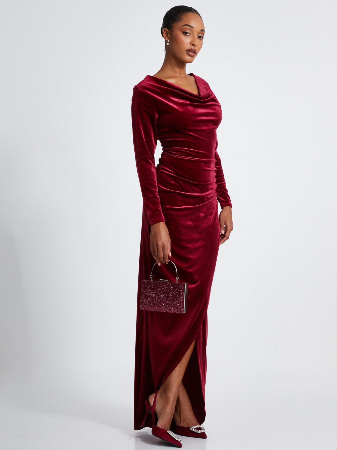Quiz Dark Red Velvet Cowl Neck Maxi Dress | Very