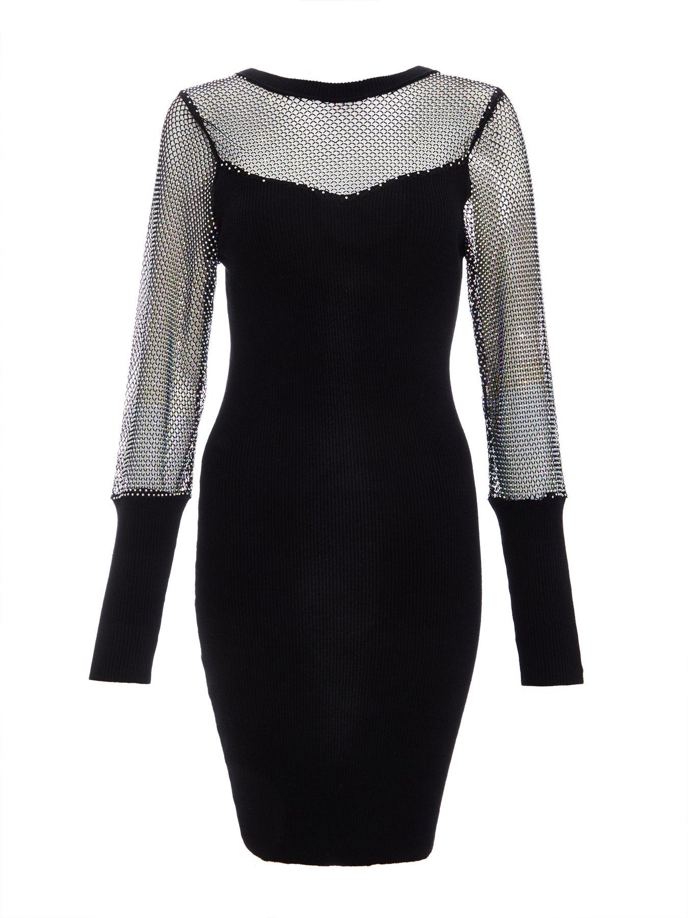 Image 4 of 6 of Quiz Black Knitted Mesh Sleeve Dress