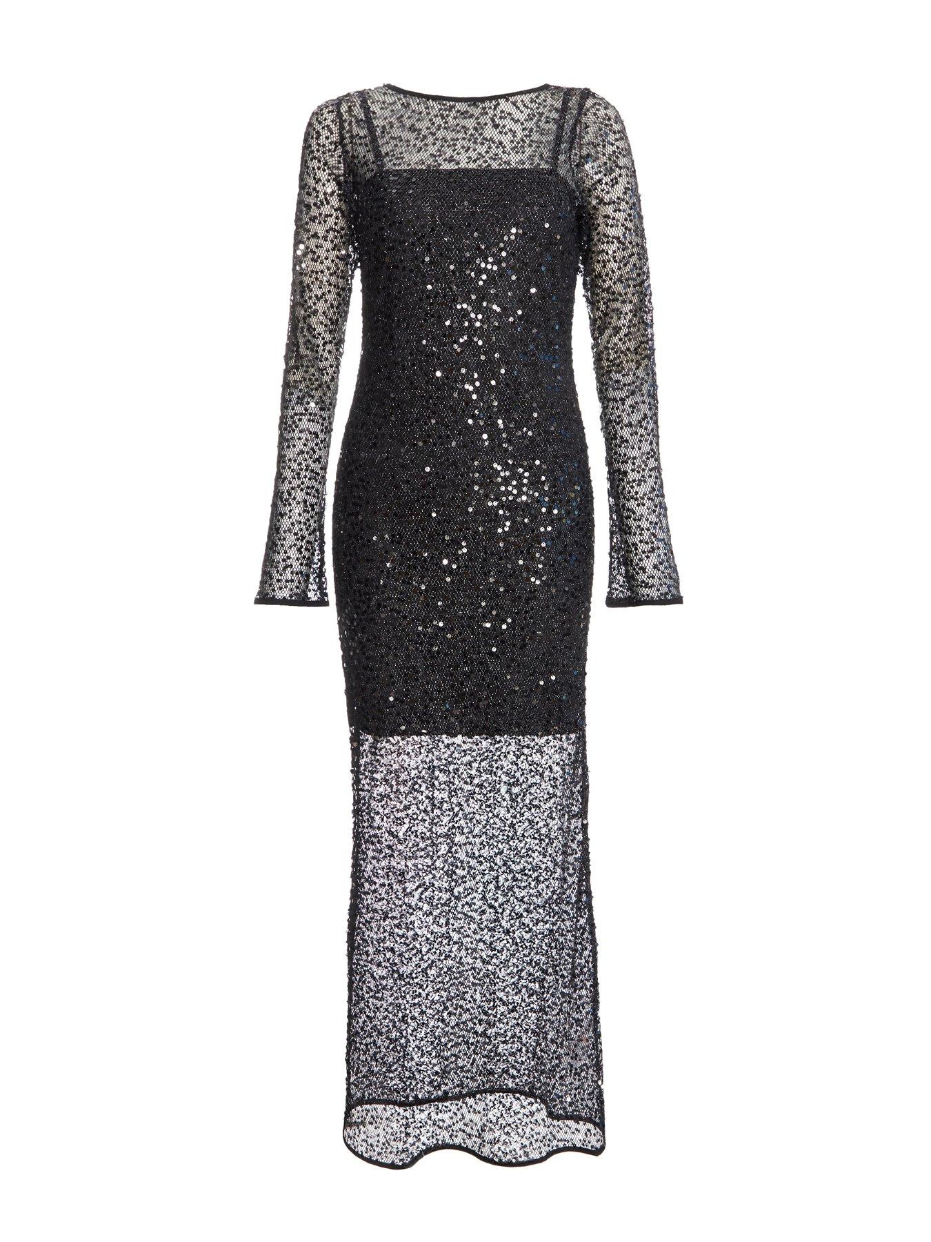 Image 4 of 6 of Quiz Black Sequin Mesh Maxi Dress