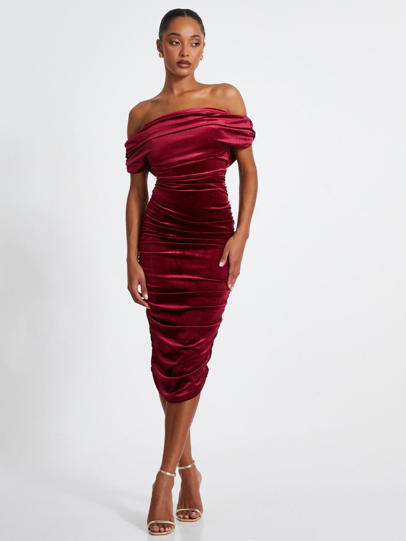 red velvet ruched dress Elegant Plus Size Velvet V-Neck Ruched Dress in Wine Red for Winter Galas  and Parties