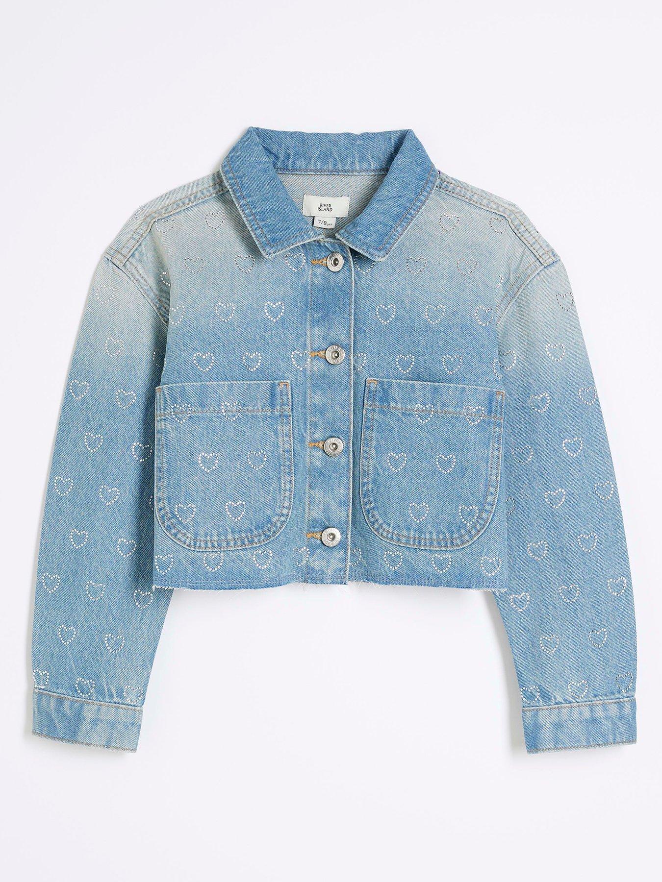 undefined Girls Rhinestone Denim Heart Jacket - Mid Blue
