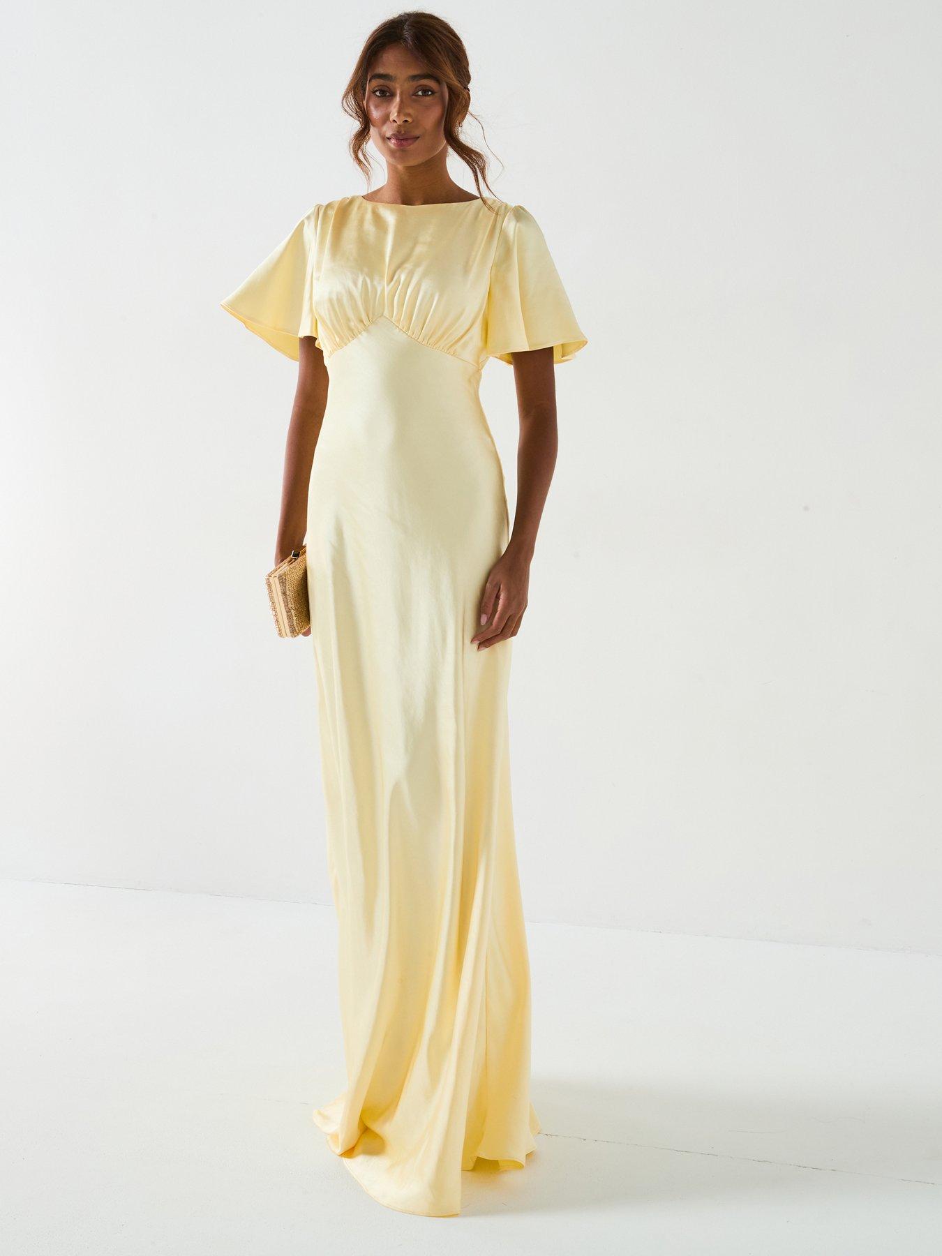Image 1 of 6 of Six Stories Satin Flutter Sleeve Bias Cut Bridesmaid Dress - Lemon