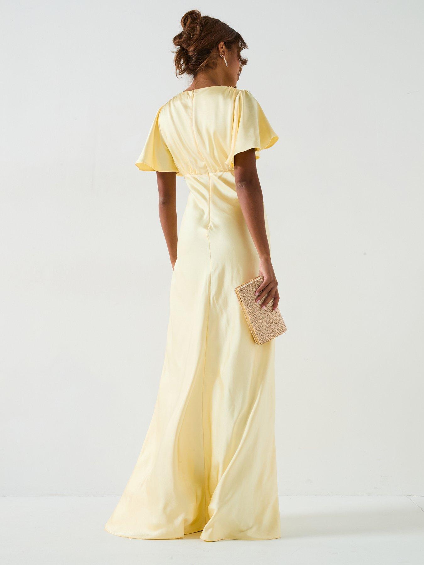 Image 2 of 6 of Six Stories Satin Flutter Sleeve Bias Cut Bridesmaid Dress - Lemon