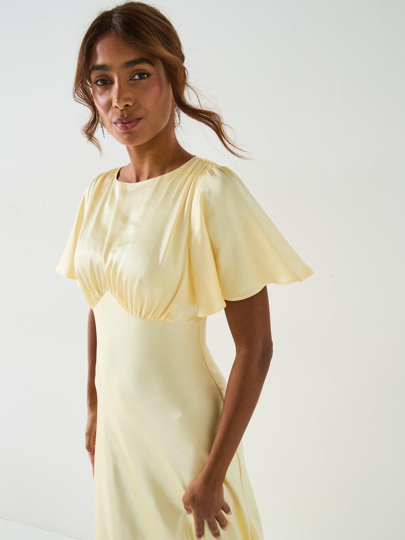 Image 3 of 6 of Six Stories Satin Flutter Sleeve Bias Cut Bridesmaid Dress - Lemon