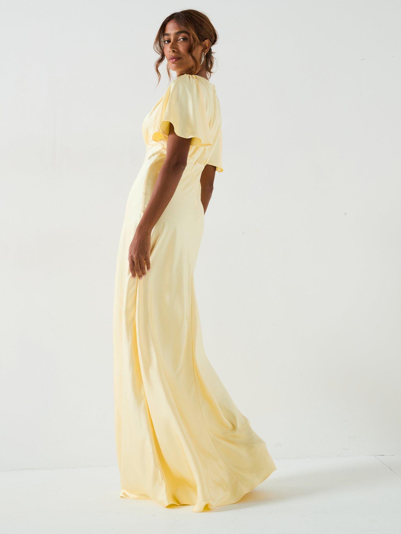 Image 4 of 6 of Six Stories Satin Flutter Sleeve Bias Cut Bridesmaid Dress - Lemon